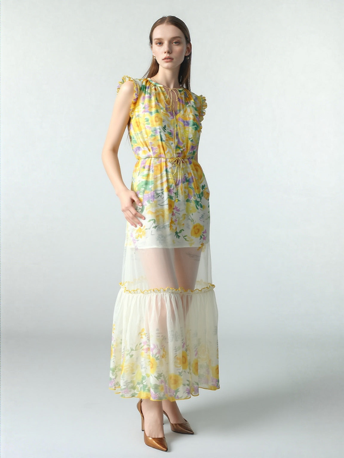 WZBA1077 Chiffon Floral Long Dress
