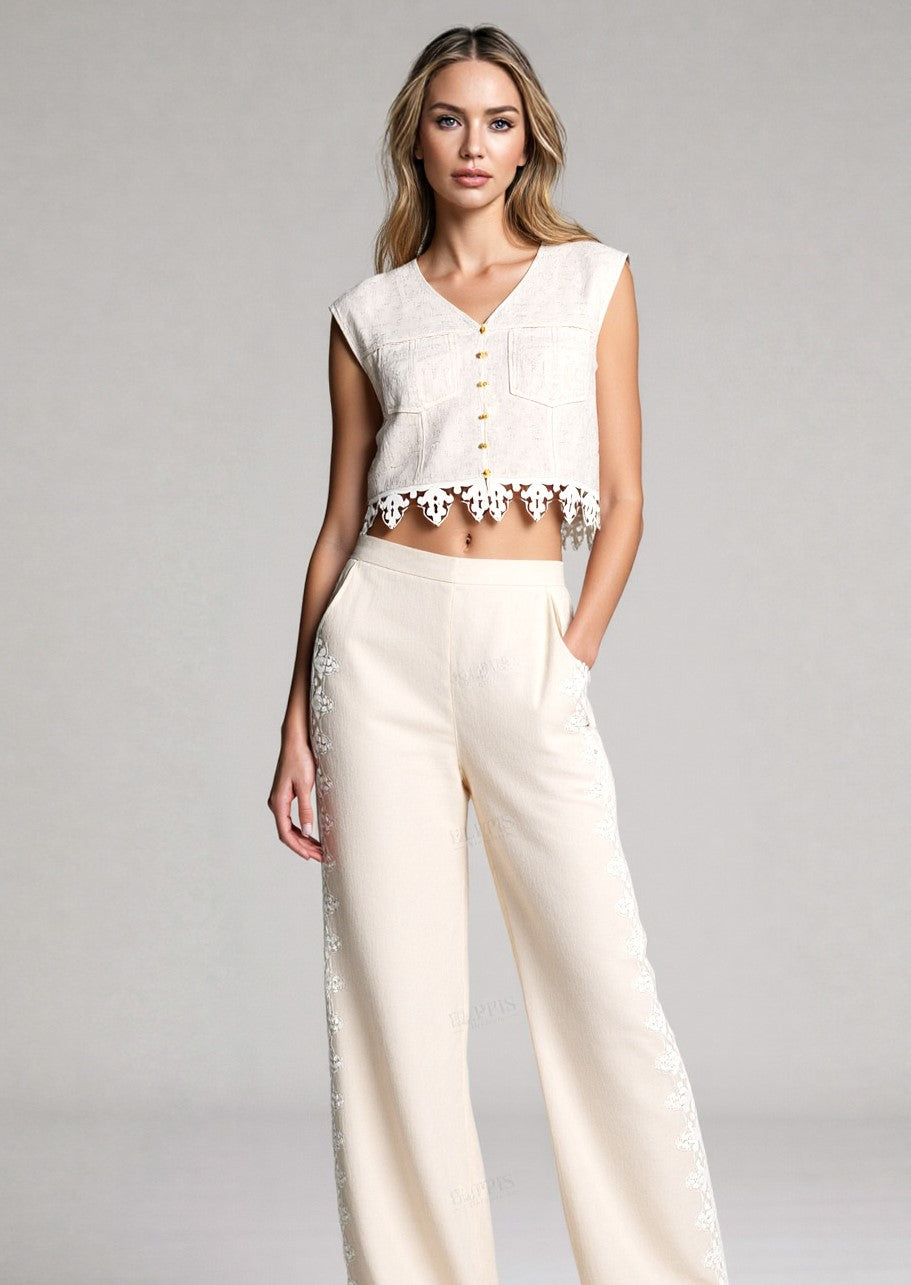 WZUA1318 Lace Hem Crop Top and Pants Set