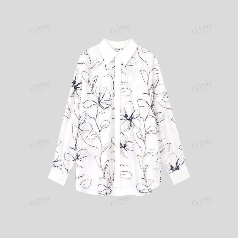 WZUA1108 Floral Embroidery Shirt and Shorts Set