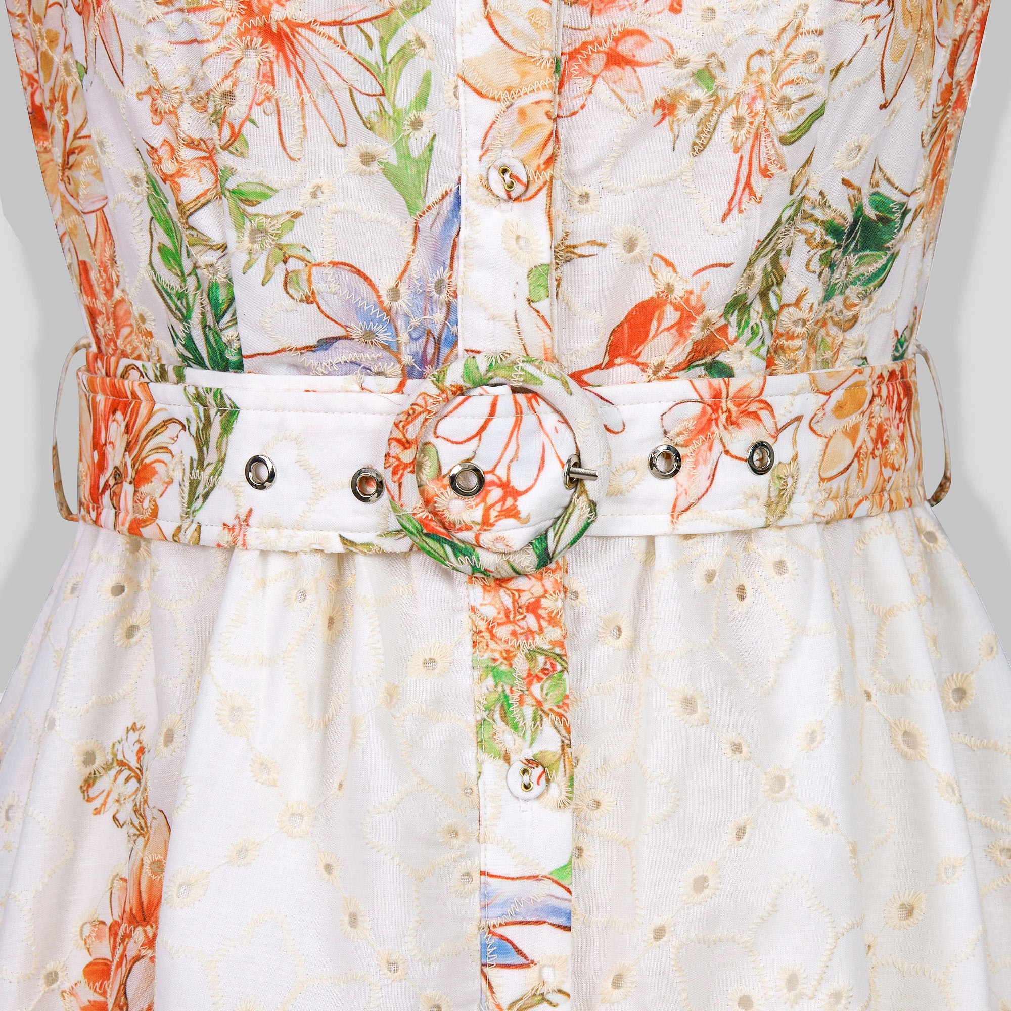 BA1018-Sleeveless Floral Print Belted Midi Dress