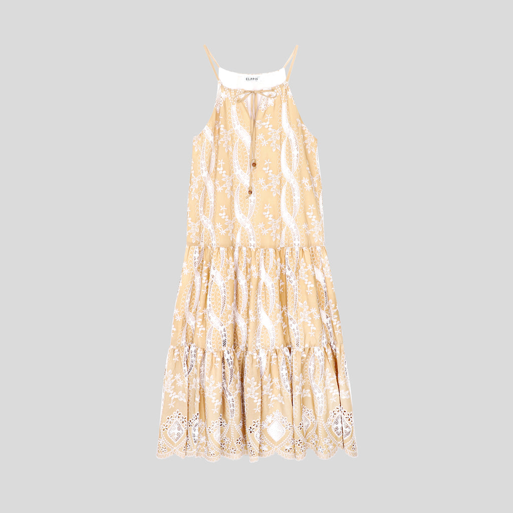 BA1030-Embroidered Halter Tiered Dress
