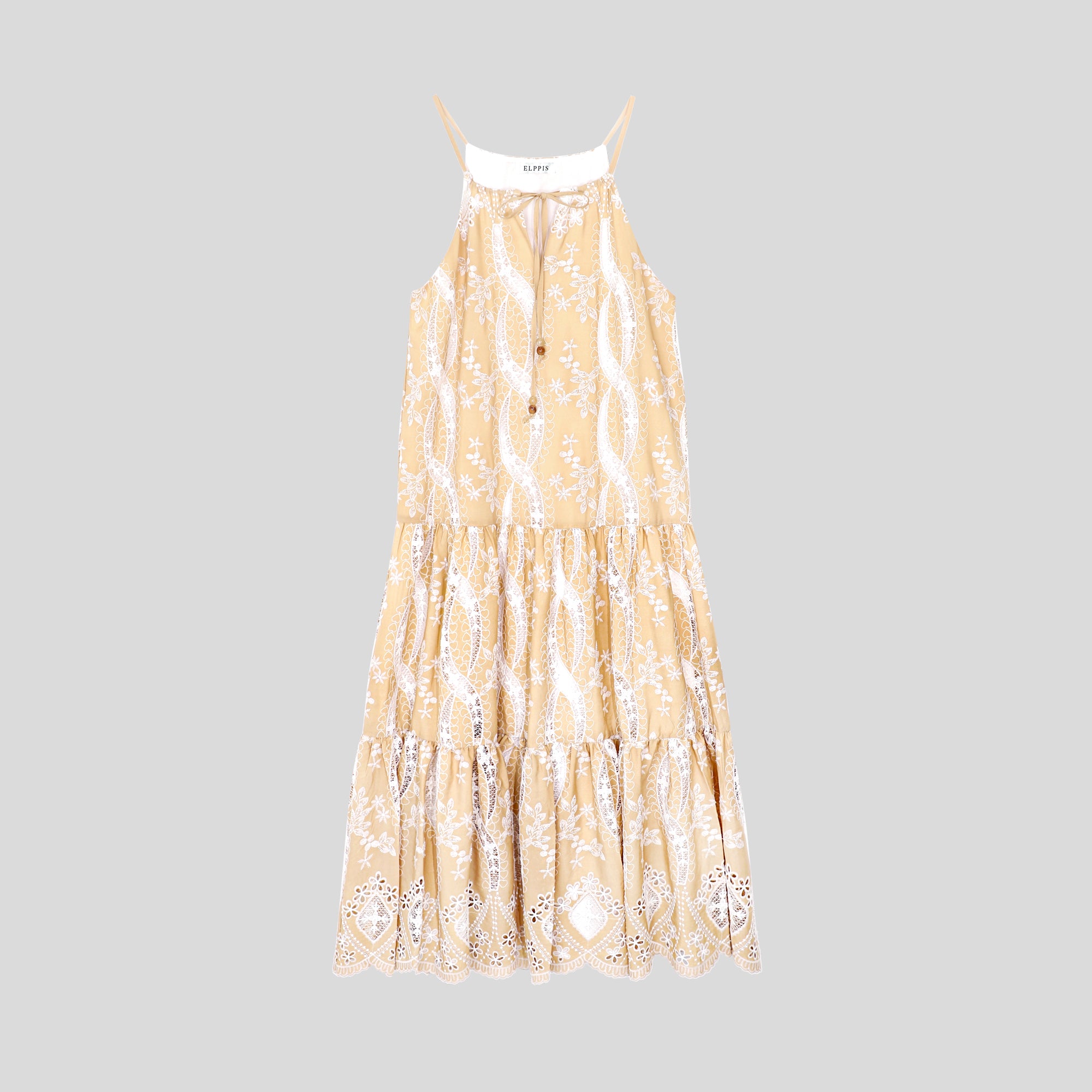 BA1030-Embroidered Halter Tiered Dress