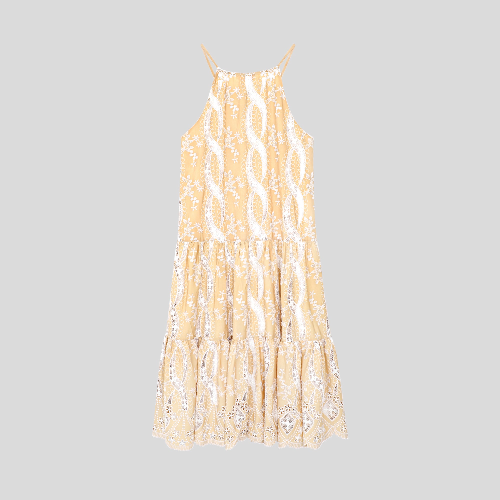 BA1030-Embroidered Halter Tiered Dress