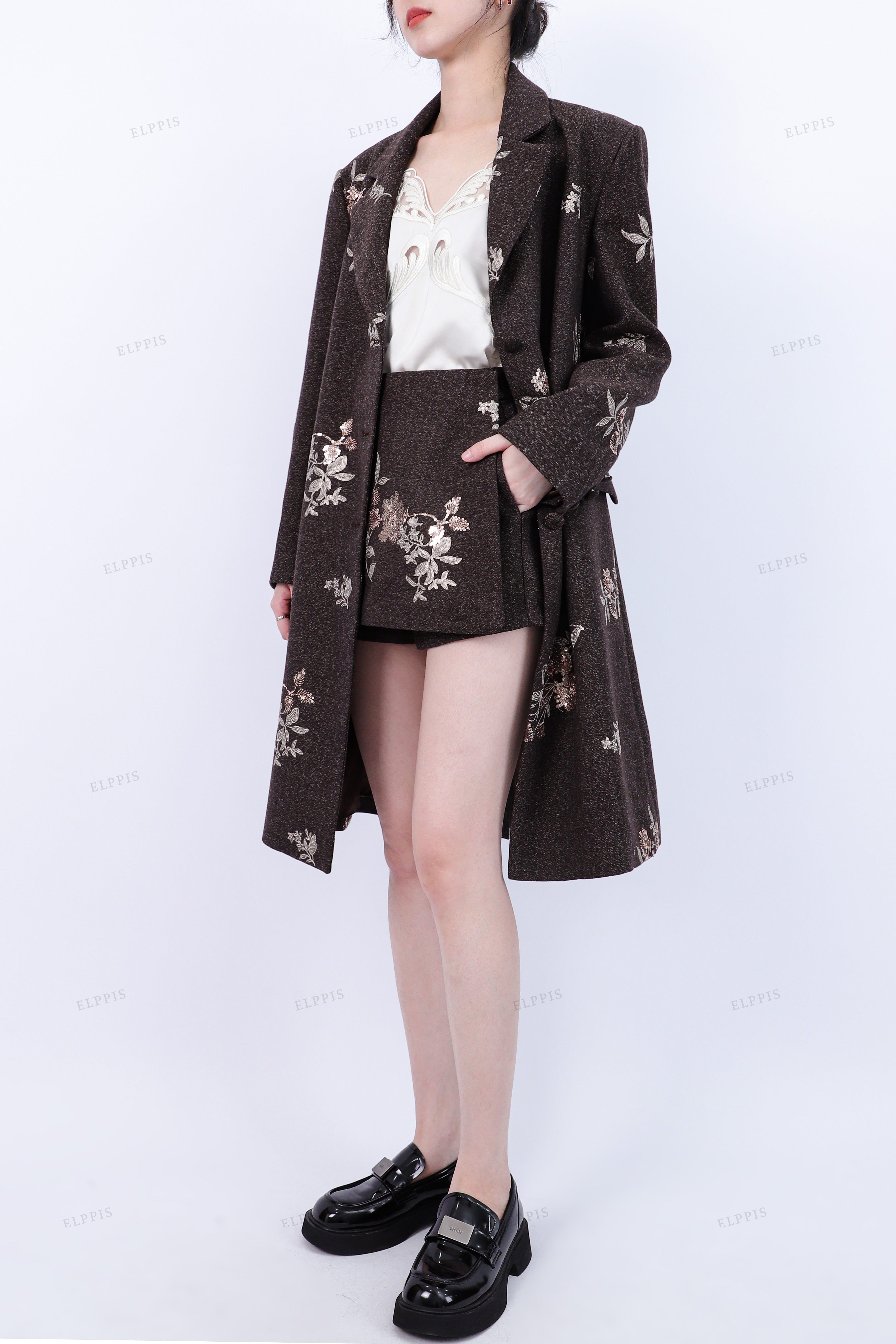 WFW046C Sequins Embroidery Long Blazer Coat Outerwear