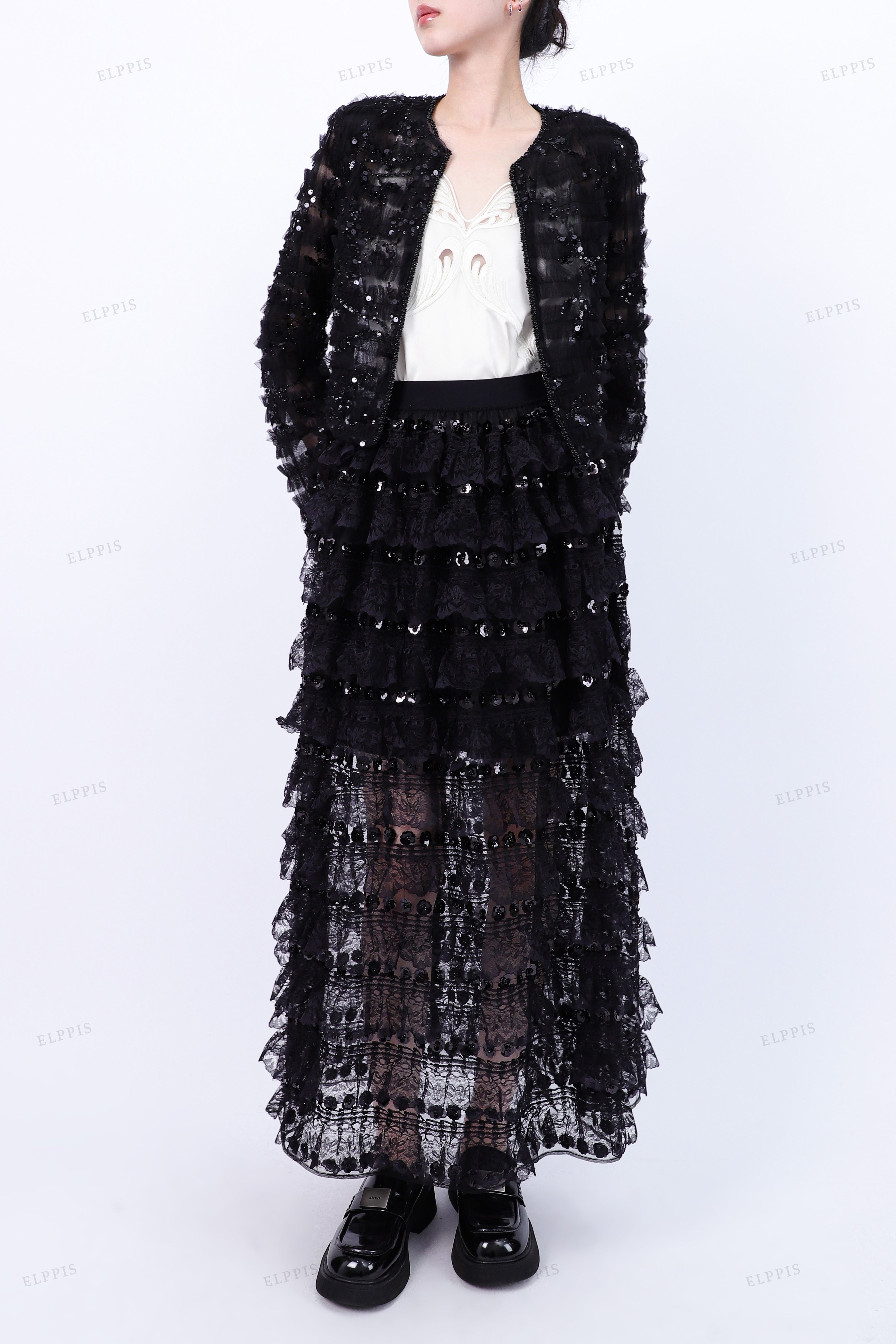 WFW068 Lace Sheer Jacket and Skirt Set