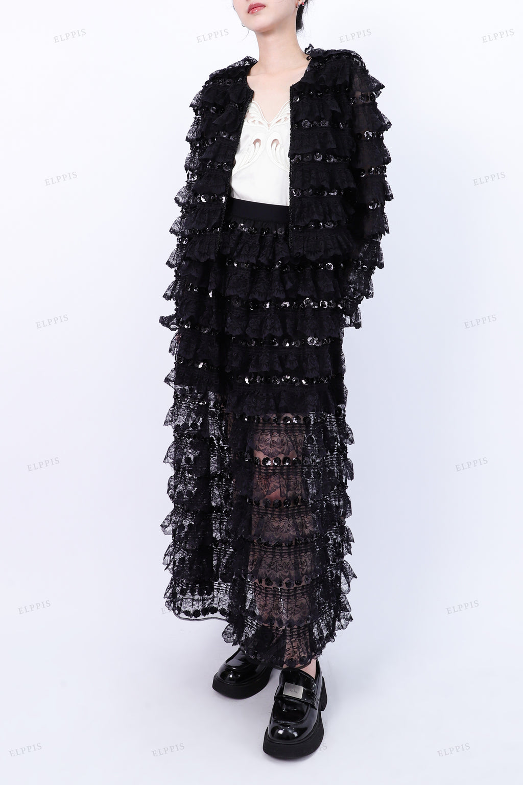 WFW068 Lace Sheer Jacket and Skirt Set