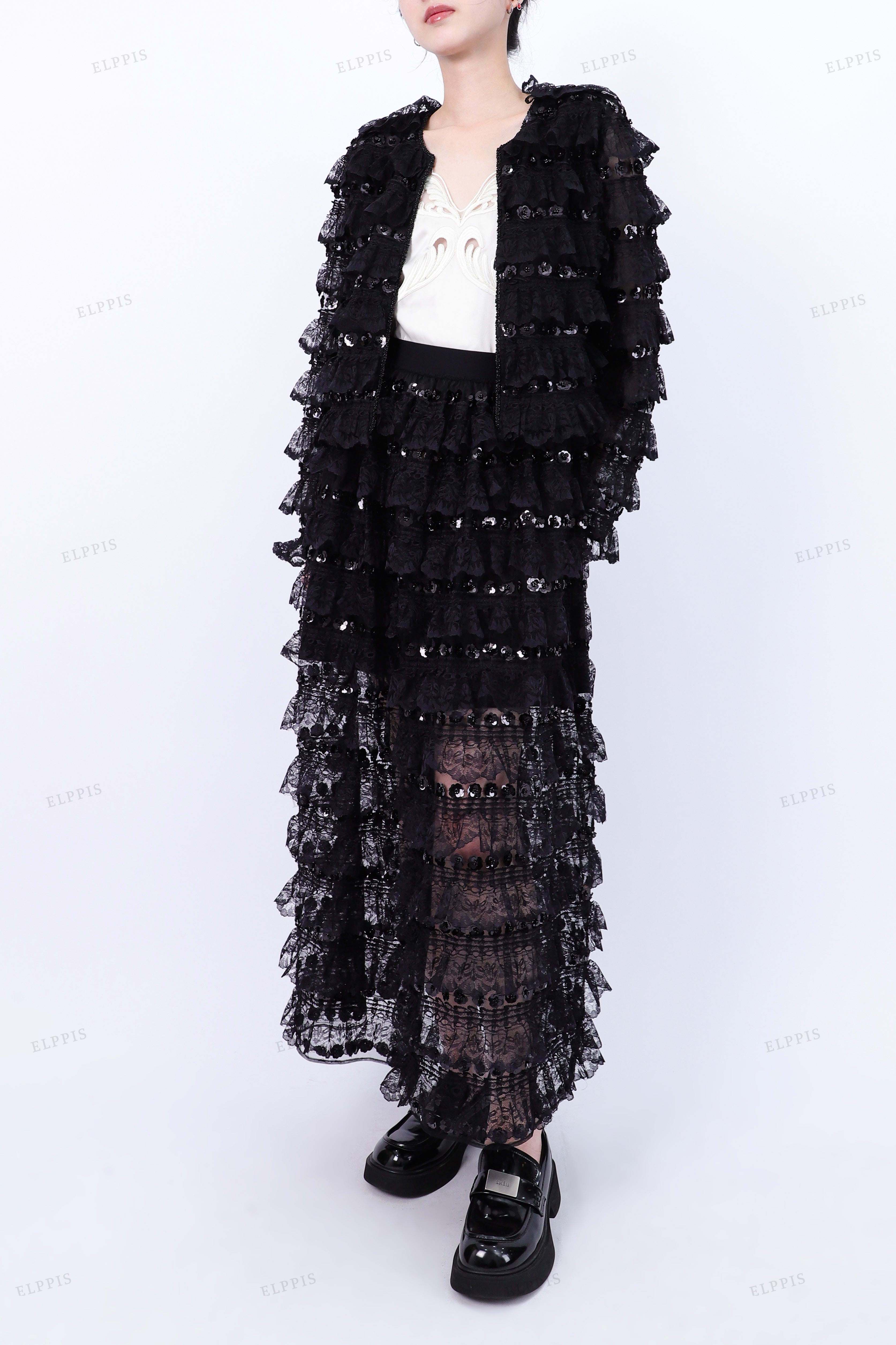 WFW068 Lace Sheer Jacket and Skirt Set