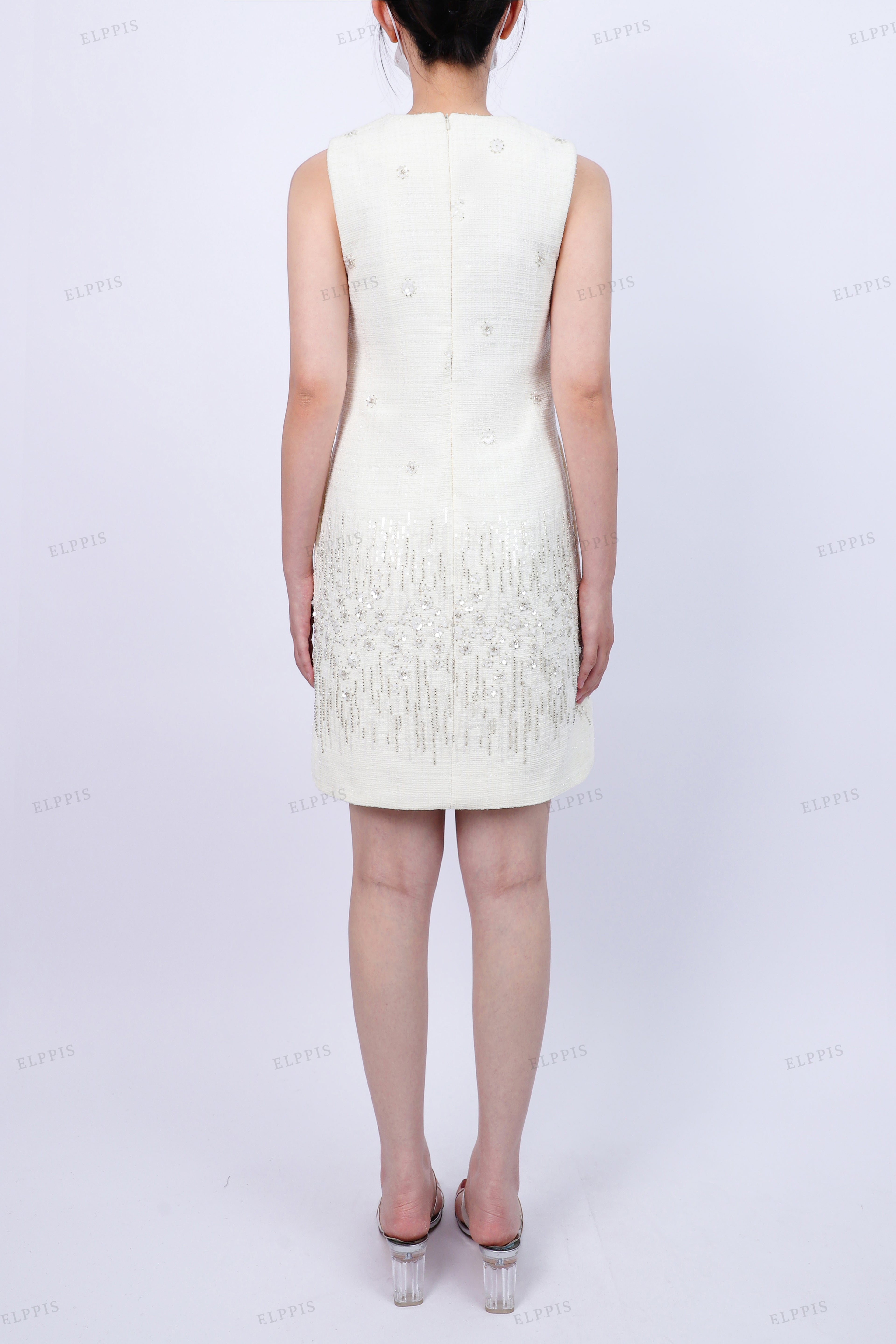 WFW077B Sequins Tweed Sleeveless Short Dress