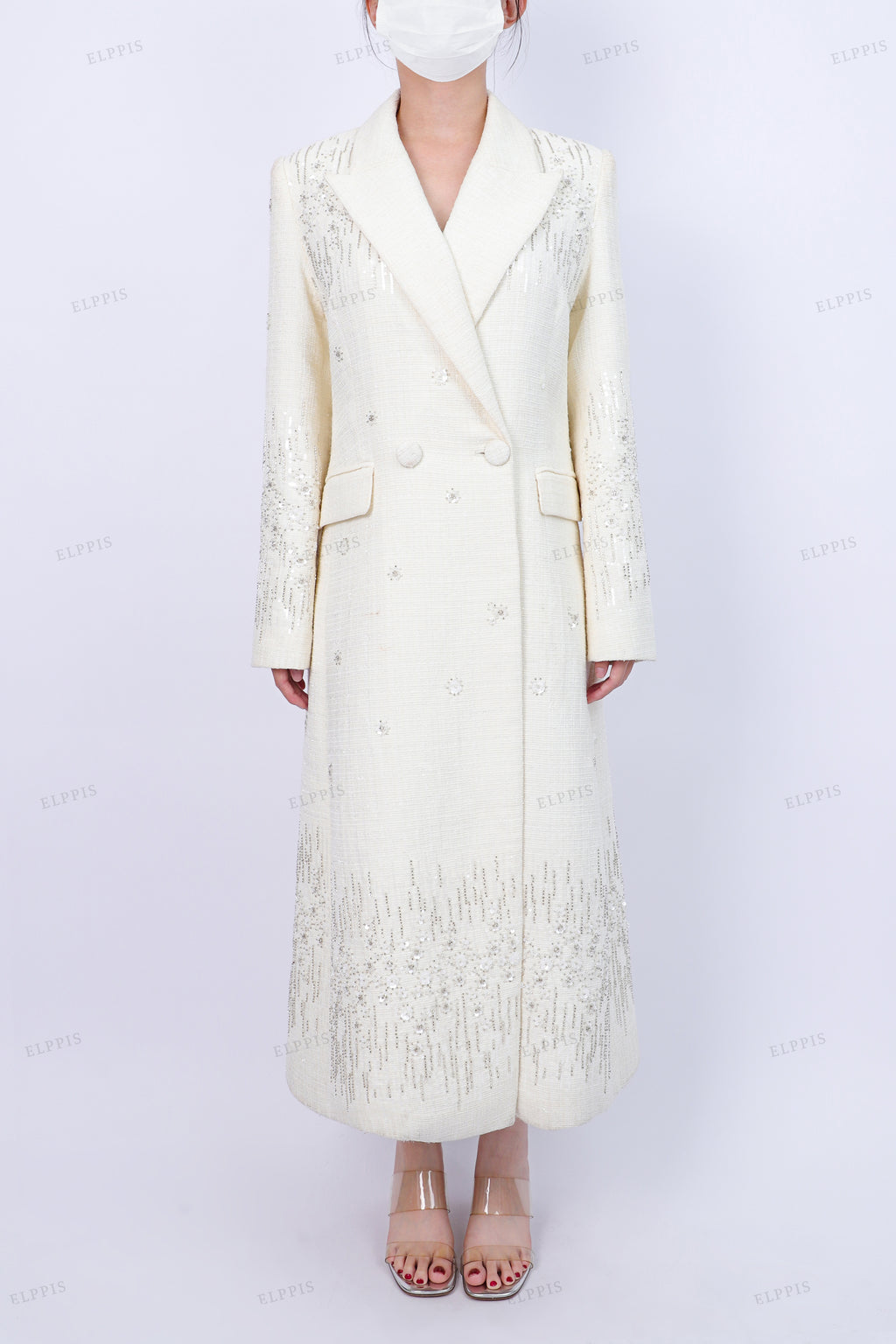 WFW077C Sequins Tweed Long Blazer Coat