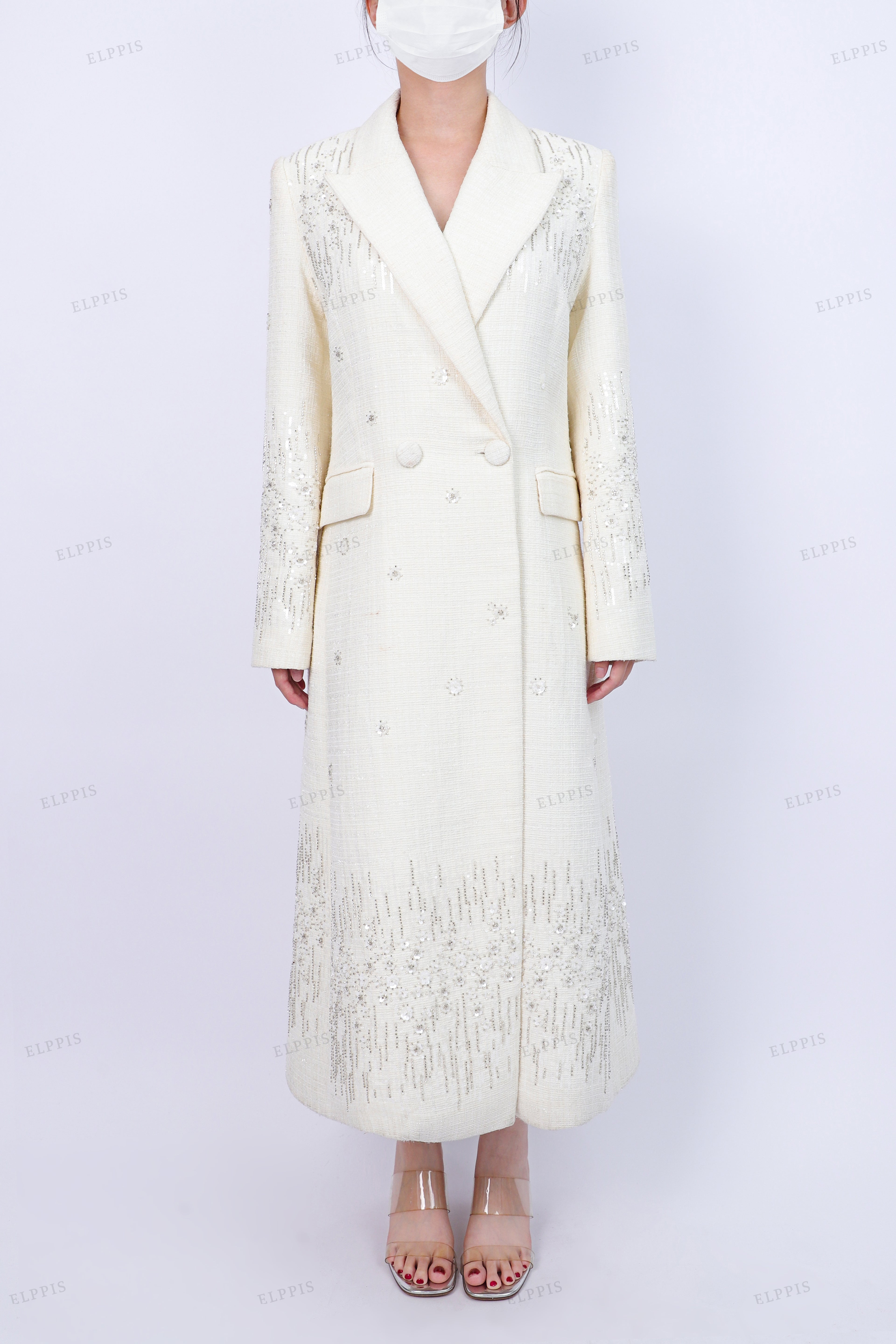 WFW077C Sequins Tweed Long Blazer Coat