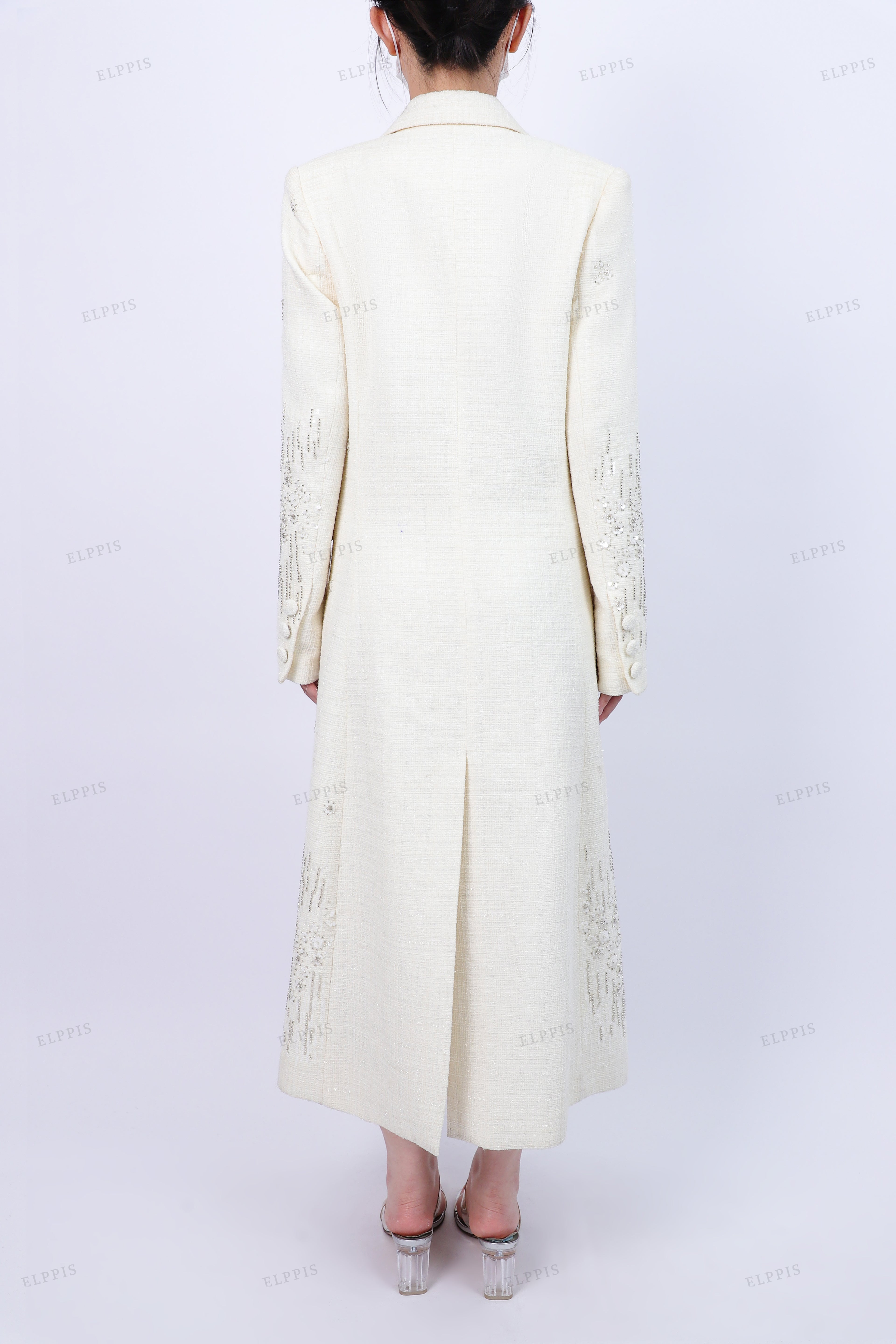 WFW077C Sequins Tweed Long Blazer Coat