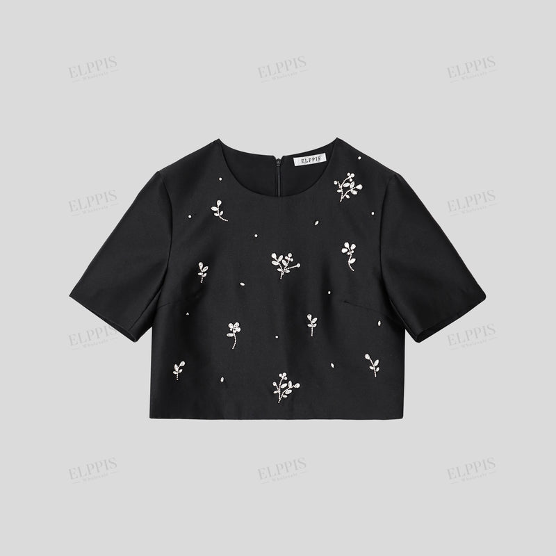 WZUA1472 Rhinestones Embroidered Top
