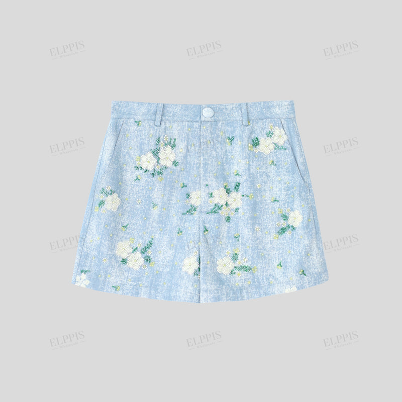 WZUA1465 Beaded Denim Blazer and Shorts Set
