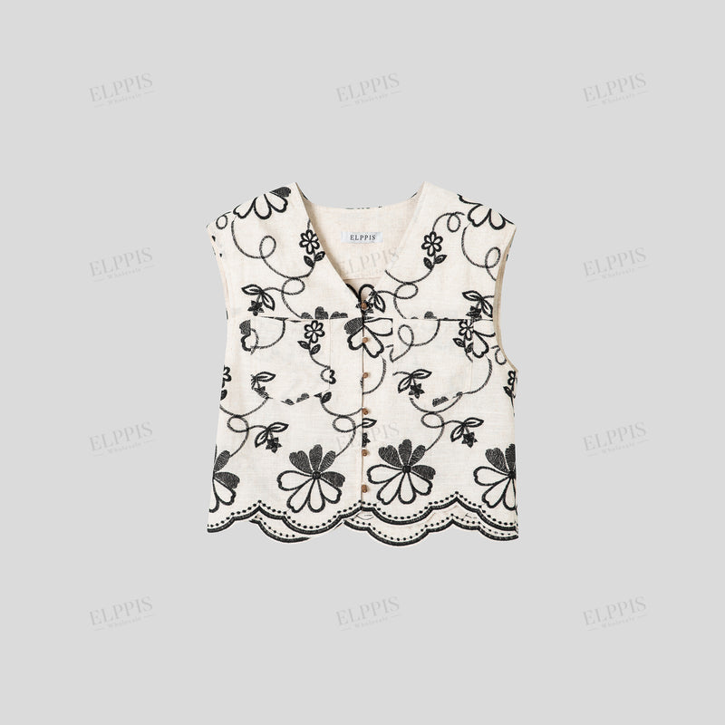 WZTA1179 Floral Embroidered Sleeveless Shirt
