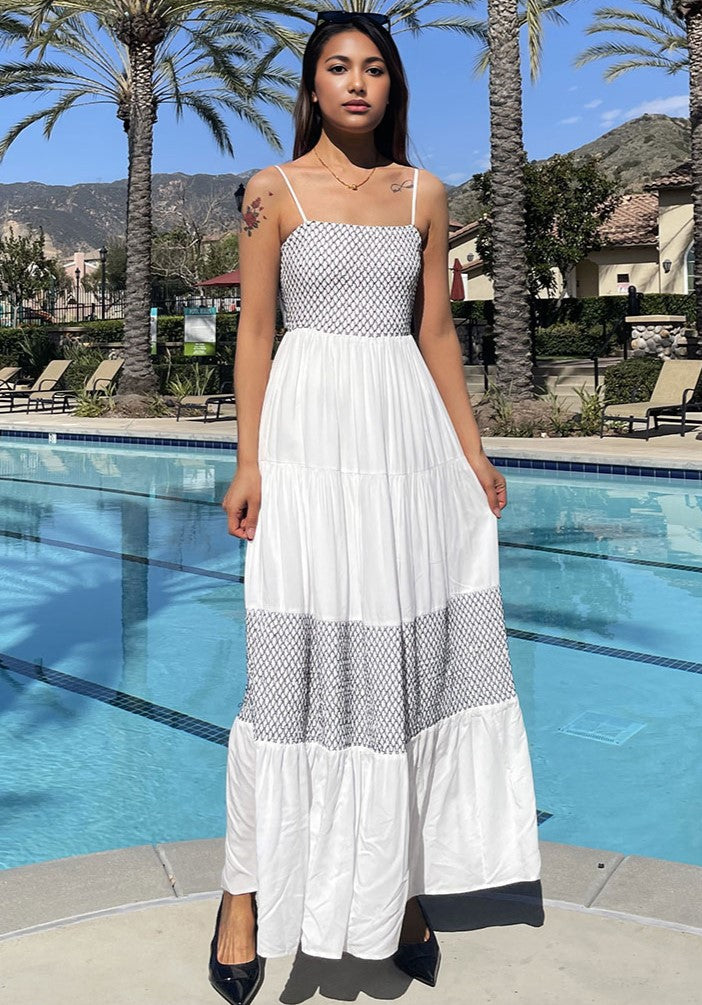 WZBA1066-Smocked Tiered Maxi Dress