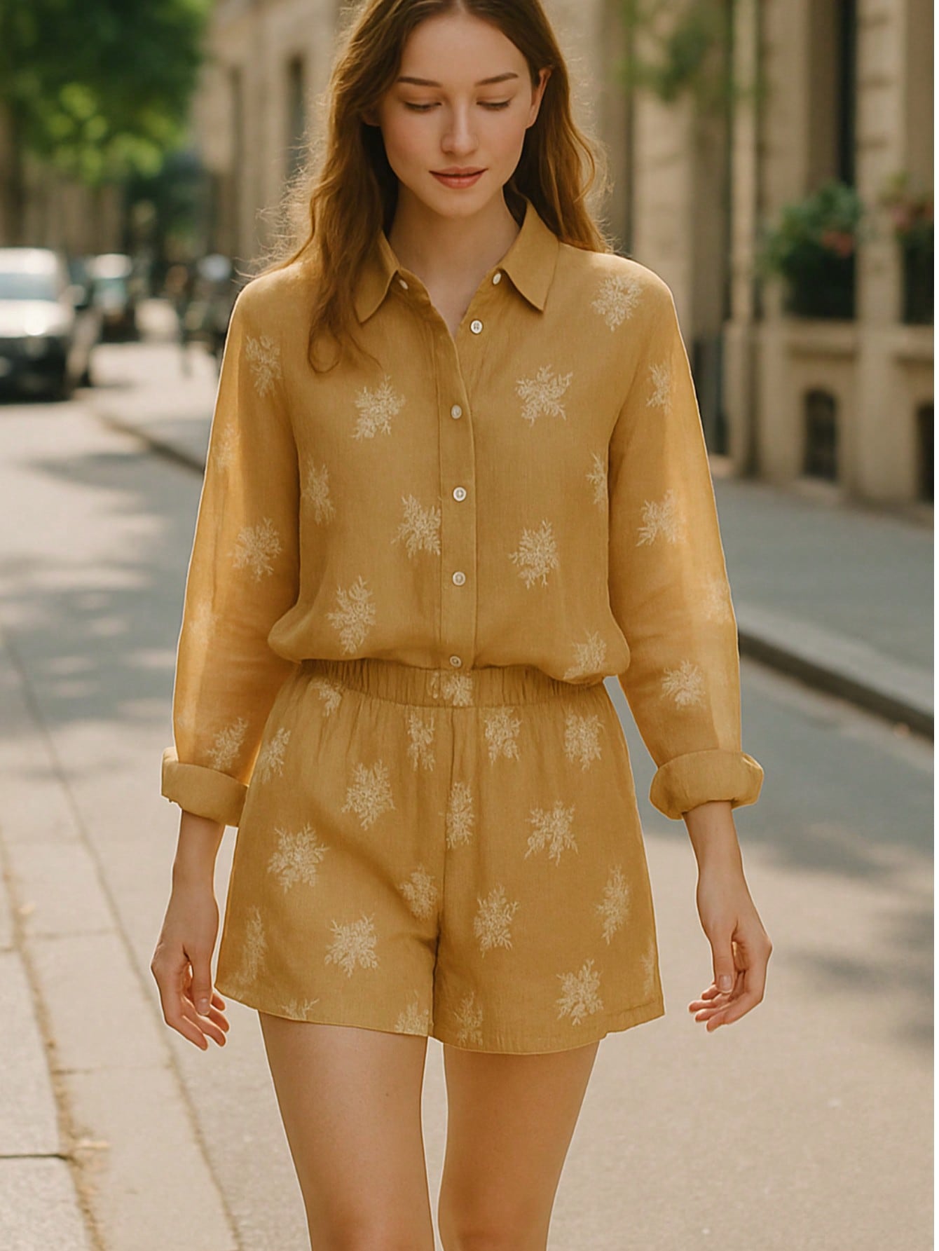 WZUA1110-Sheer Embroidered Shirt & Shorts Set