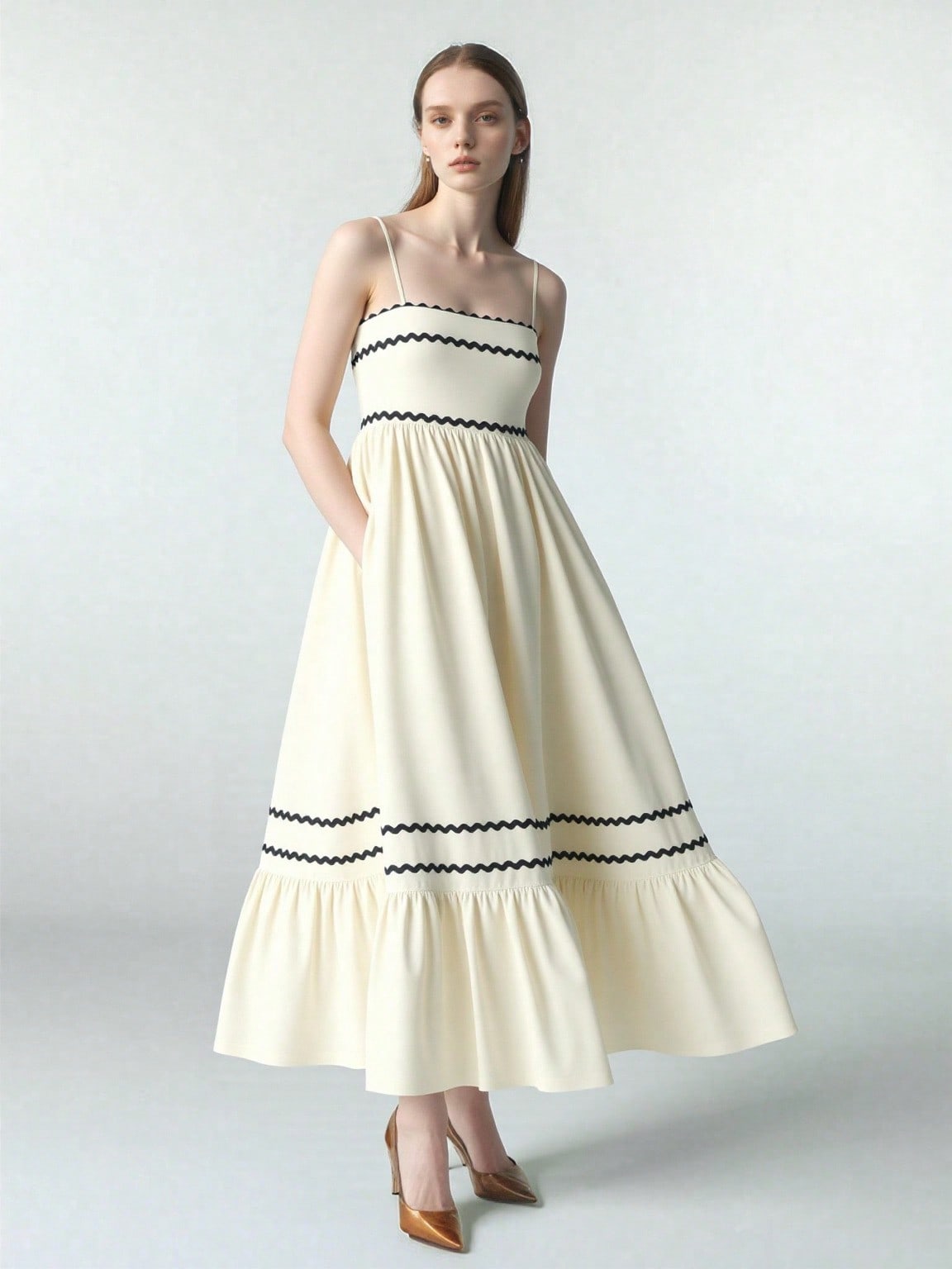 BA1061-Ric Rac Trim Tiered Maxi Dress