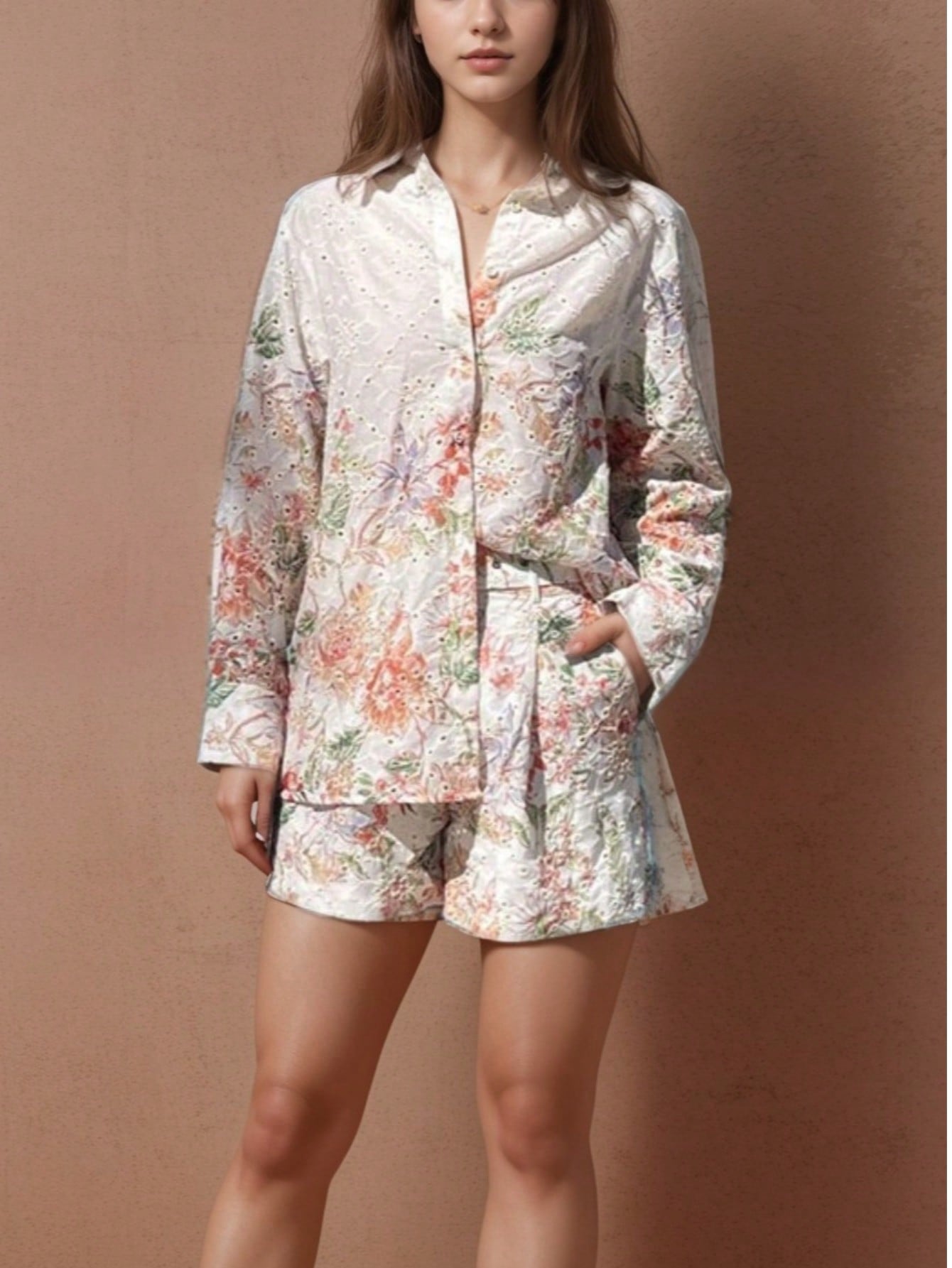 UA1020-Floral Eyelet Two-Piece Shorts Set