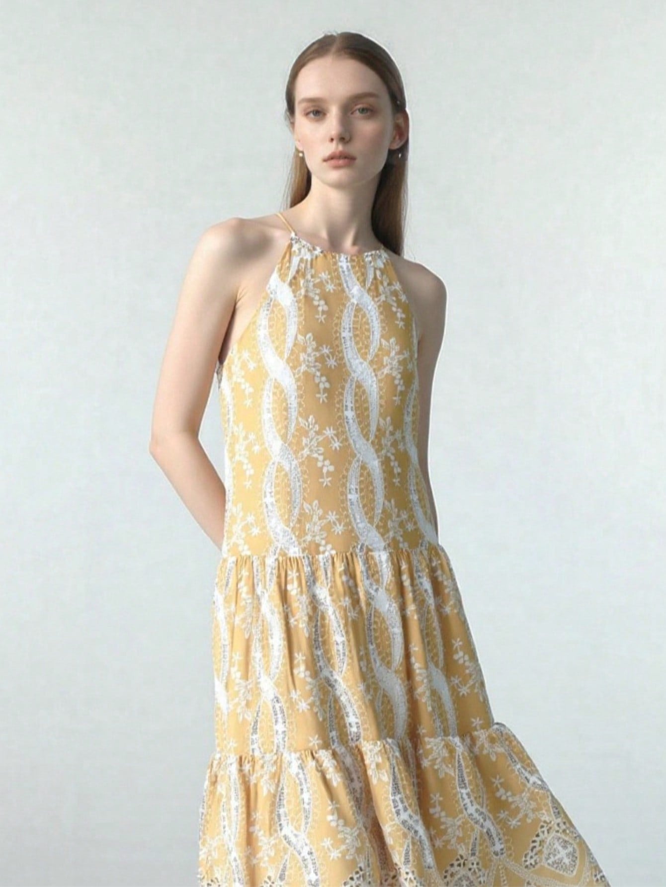 BA1030-Embroidered Halter Tiered Dress