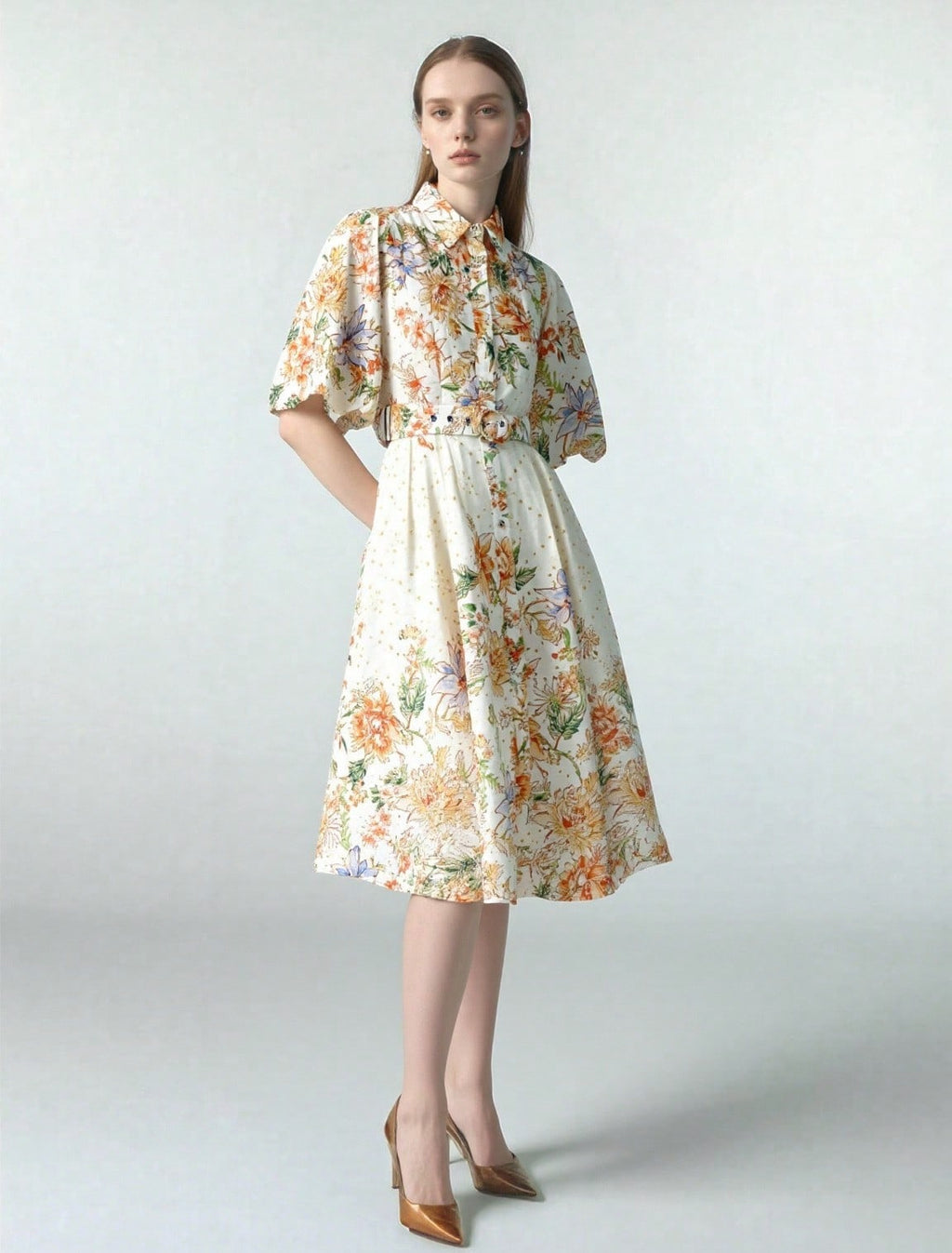BA1019-Floral Print Belted Midi Dress