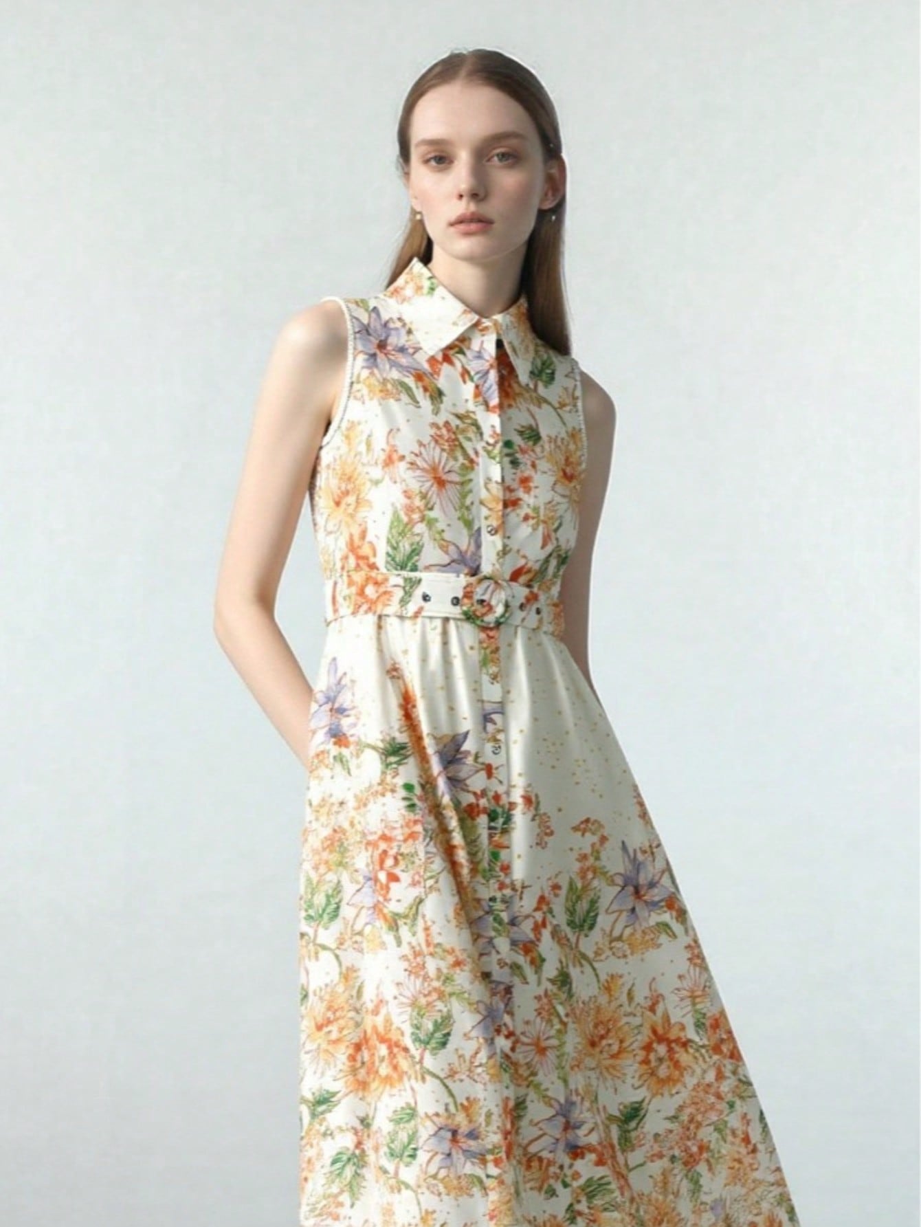 BA1018-Sleeveless Floral Print Belted Midi Dress