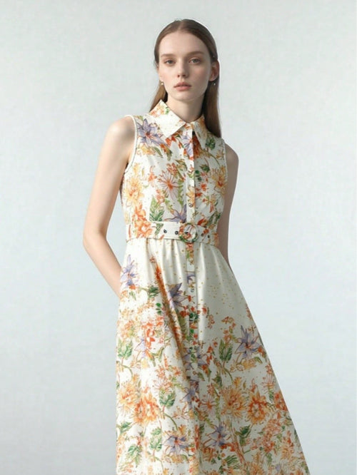BA1018-Sleeveless Floral Print Belted Midi Dress