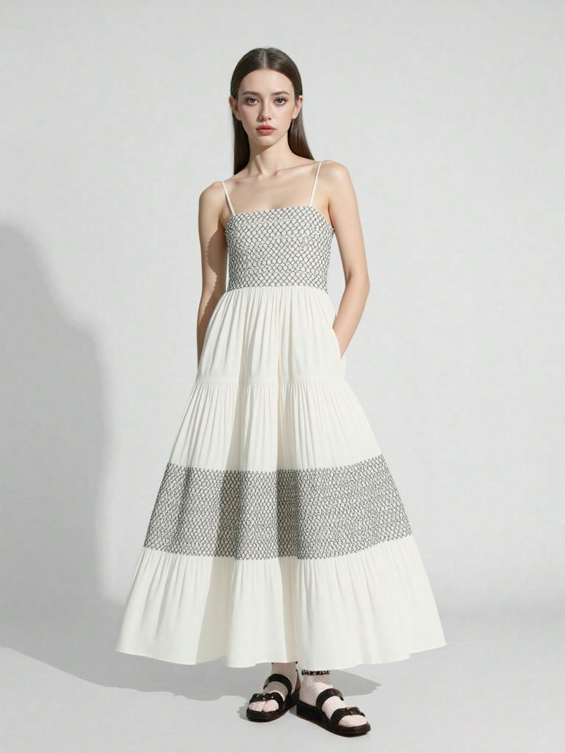 BA1066-Smocked Tiered Maxi Dress