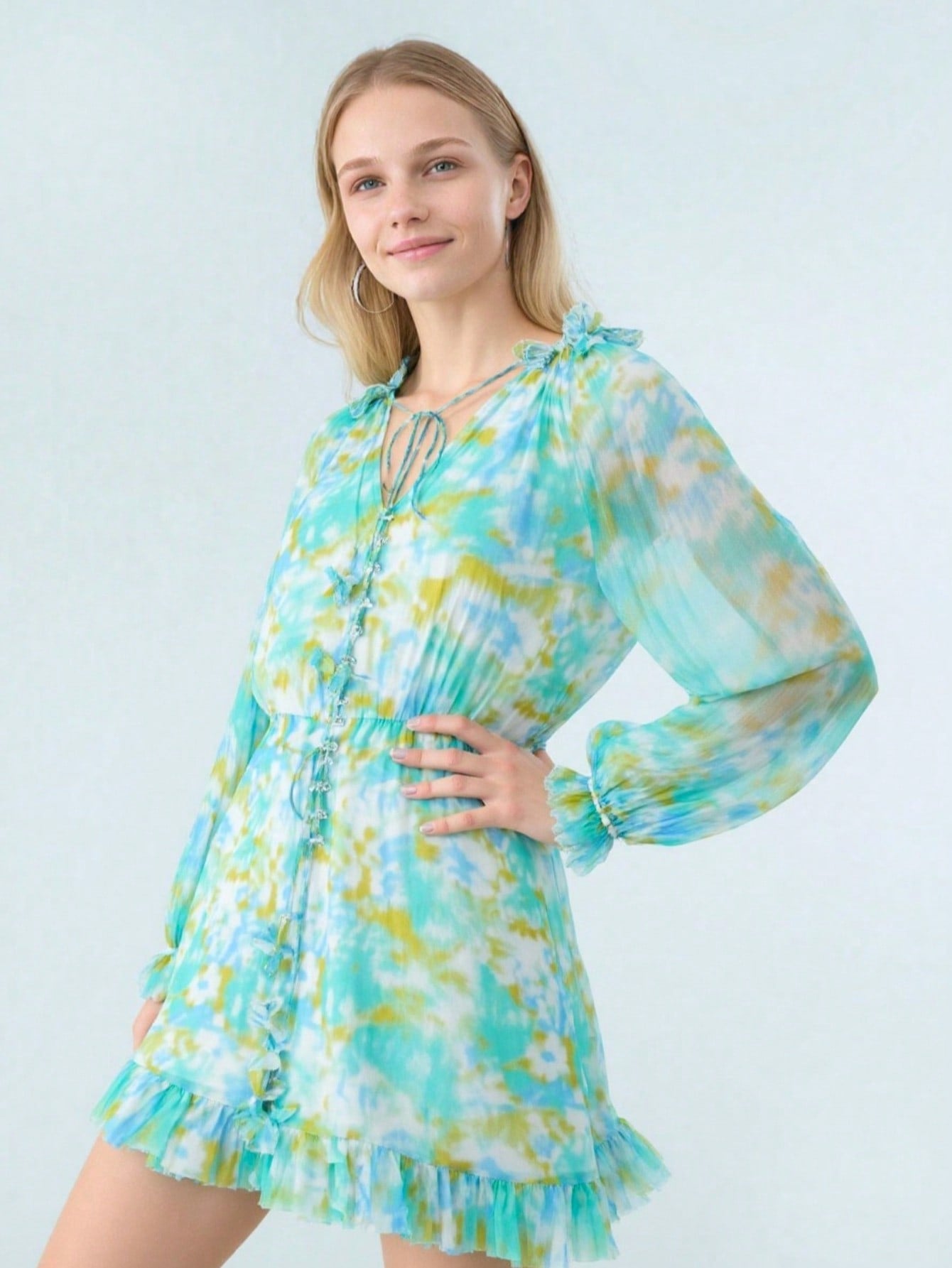 WZBA1084-Watercolor Print Chiffon Mini Dress