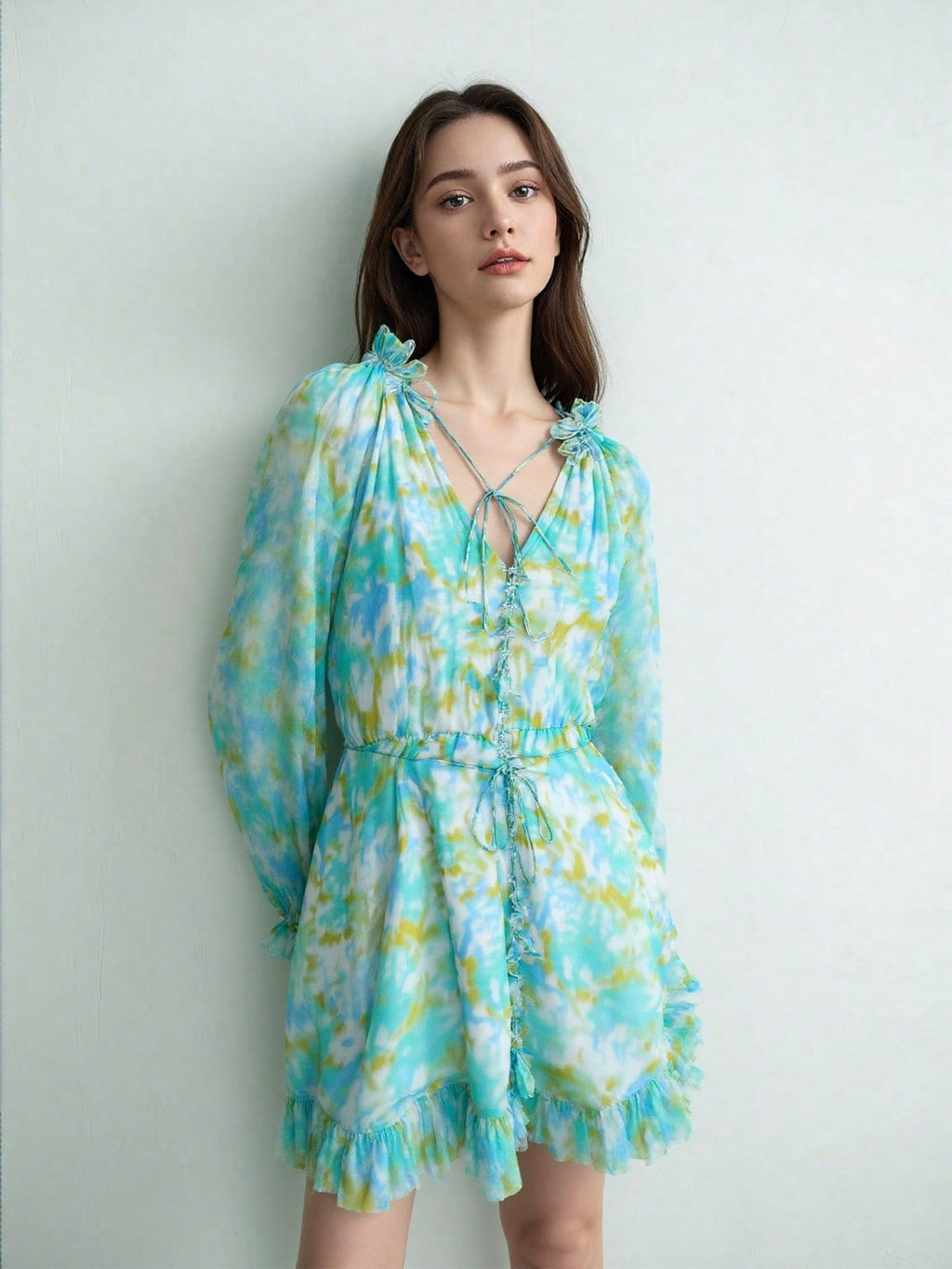 WZBA1084-Watercolor Print Chiffon Mini Dress
