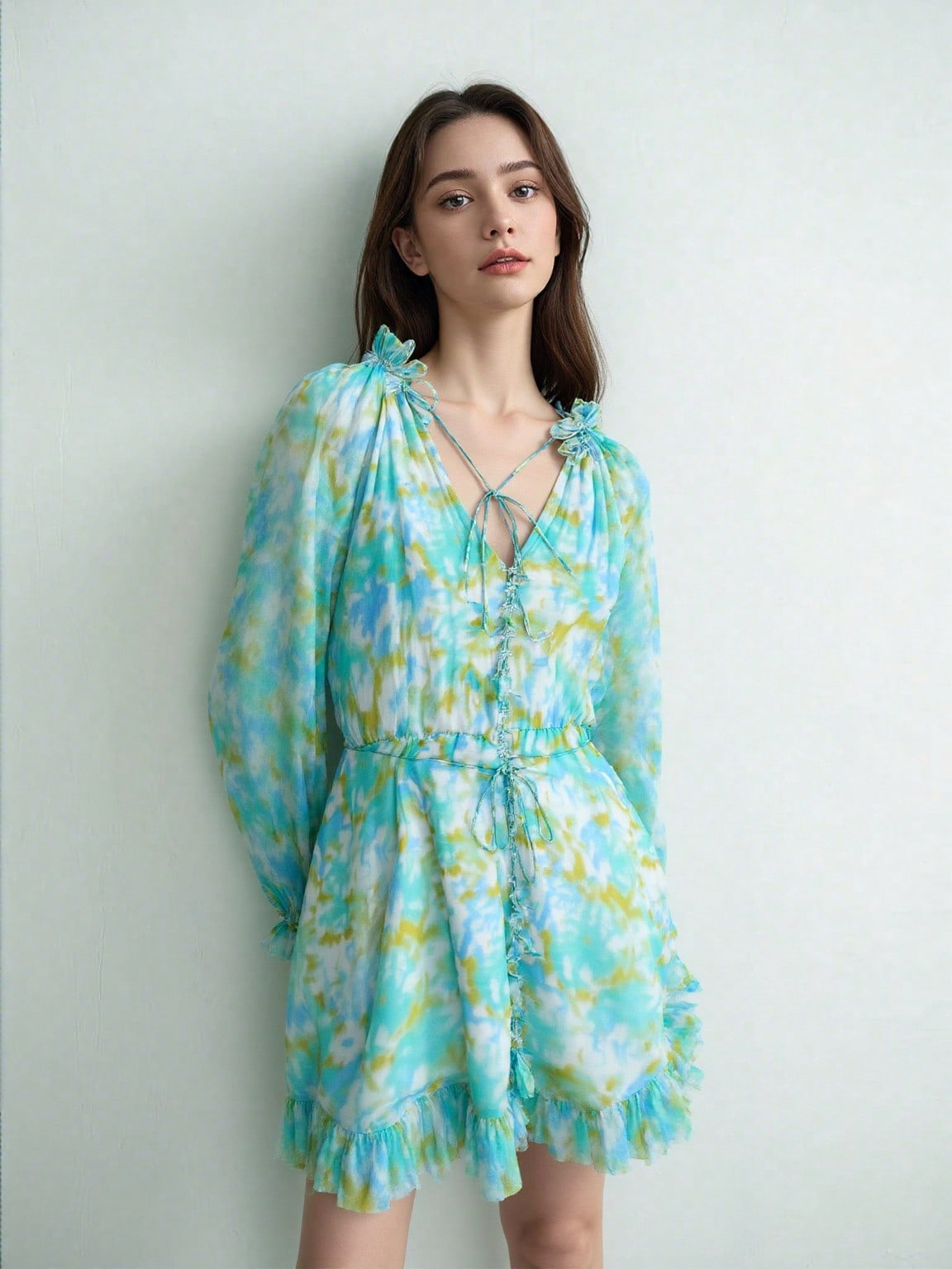 BA1084-Watercolor Print Chiffon Mini Dress