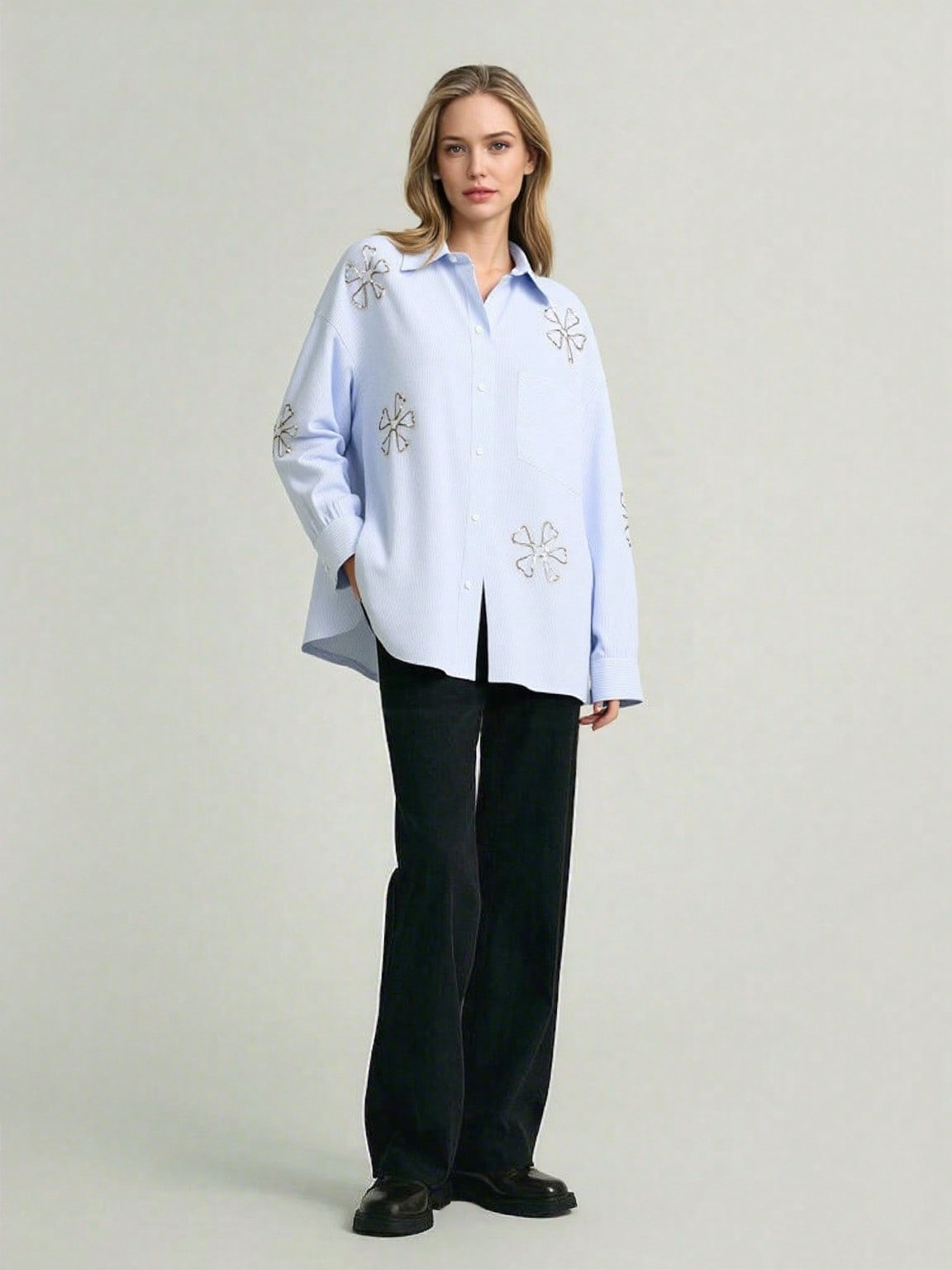 TA1096-Oversized Striped Button-Up Shirt