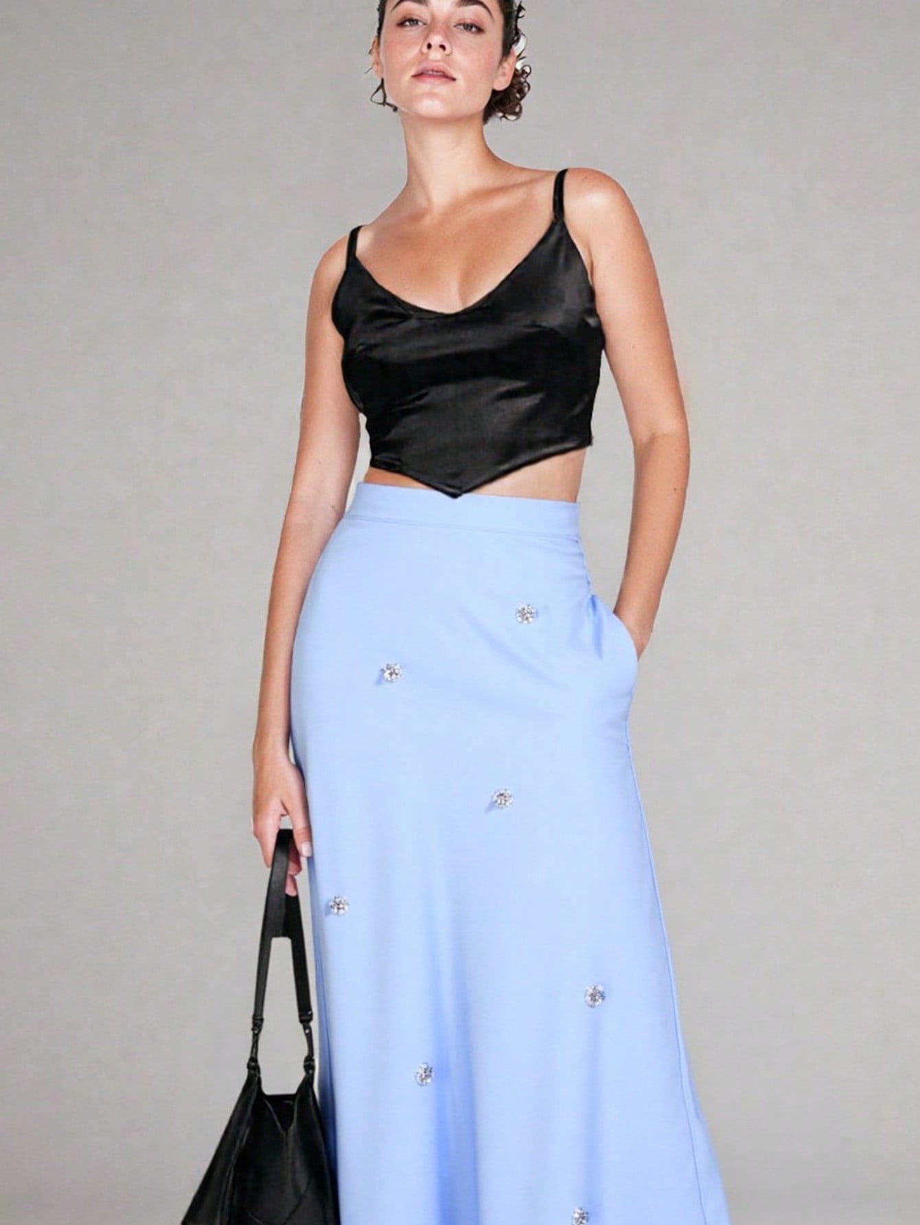 QA1126-Satin Embellished Midi Skirt