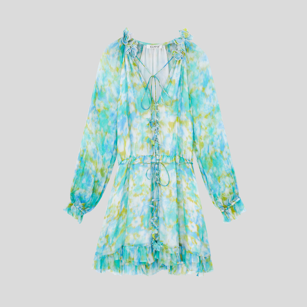 WZBA1084-Watercolor Print Chiffon Mini Dress