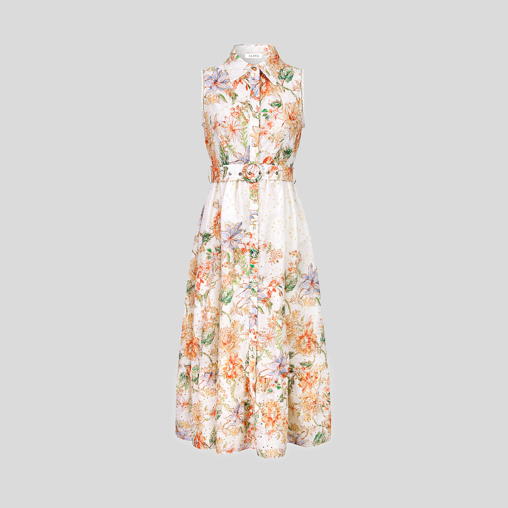 BA1018-Sleeveless Floral Print Belted Midi Dress