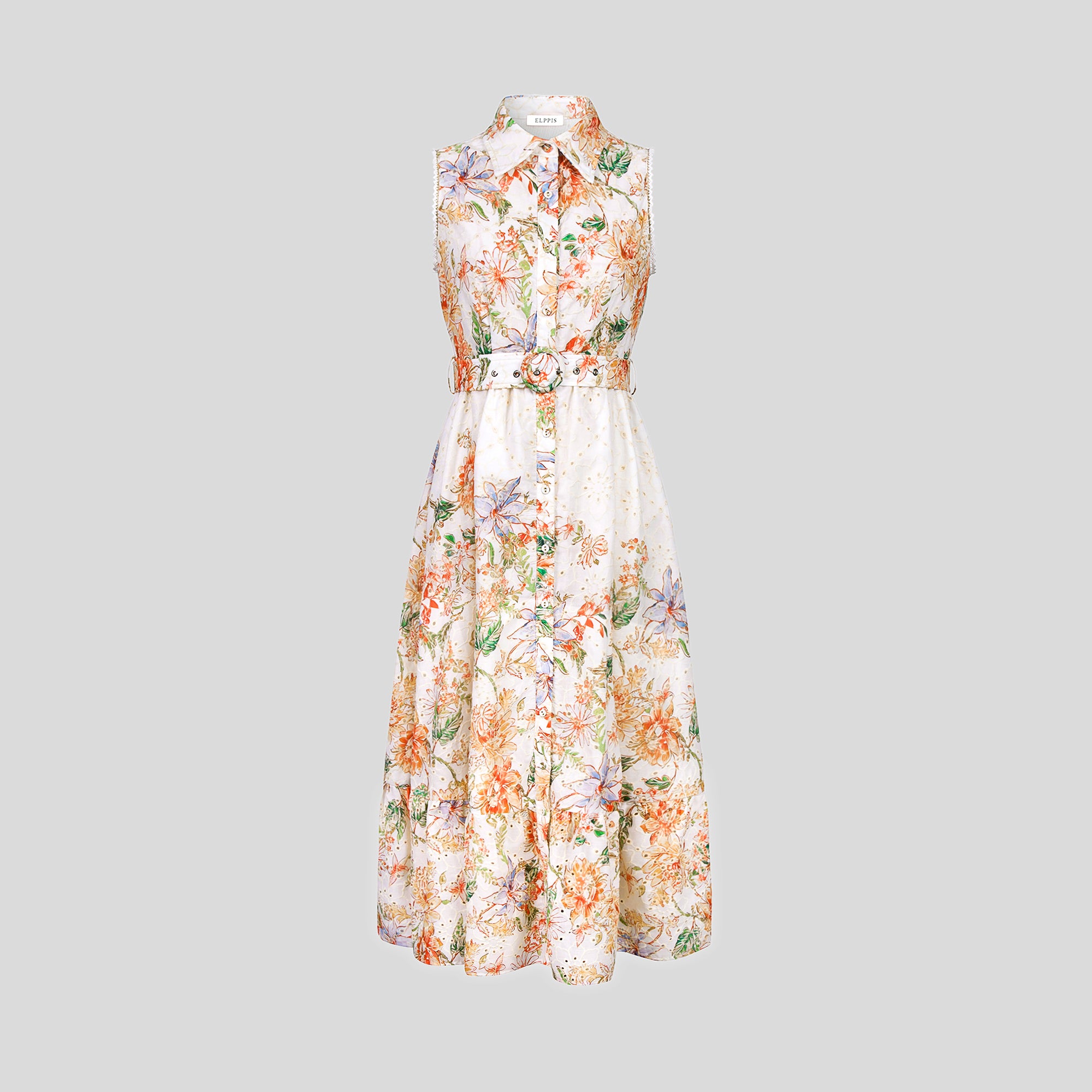 BA1018-Sleeveless Floral Print Belted Midi Dress