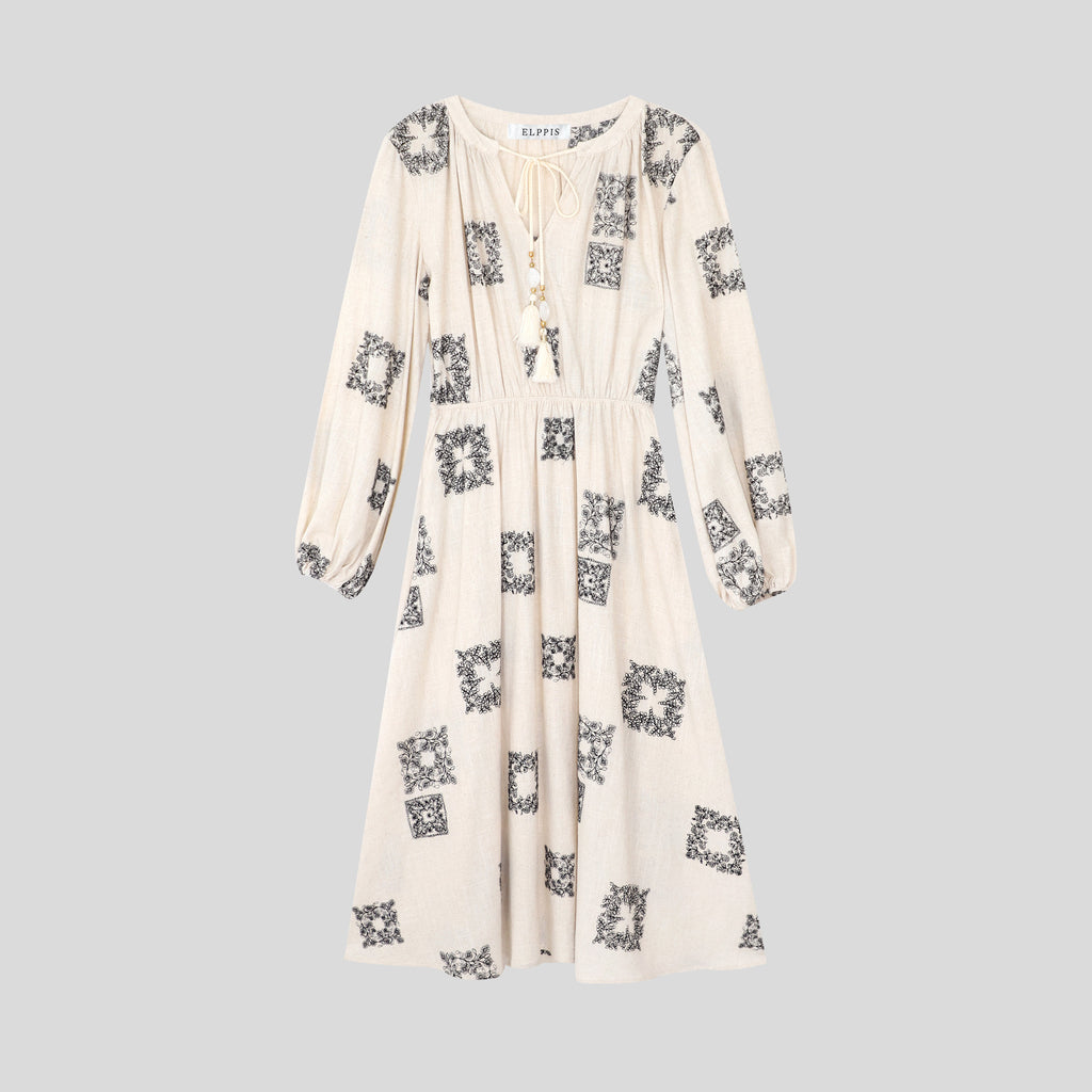 WZBA1047-Embroidered Boho Peasant Midi Dress