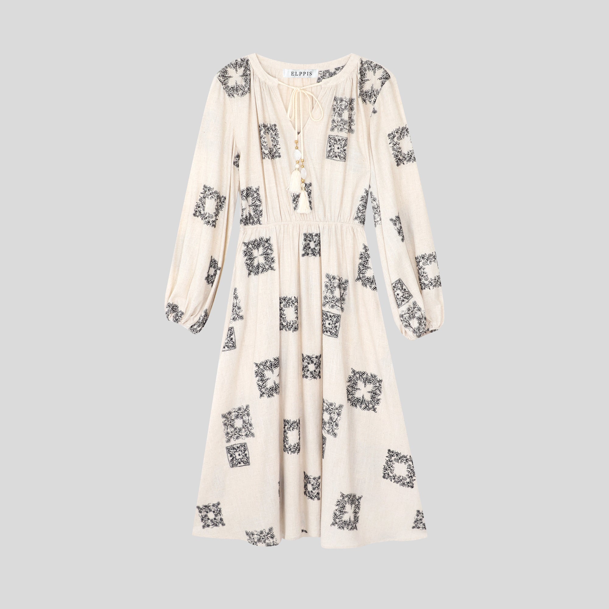 BA1047-Embroidered Boho Peasant Midi Dress