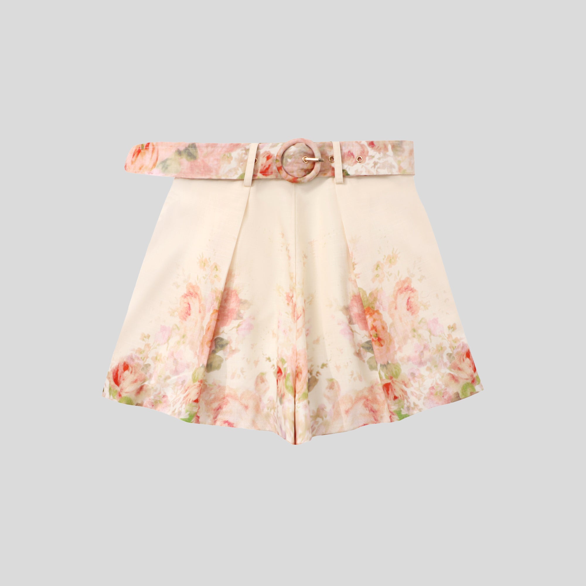 WZUA1079-P High-Waisted Floral Belted Shorts