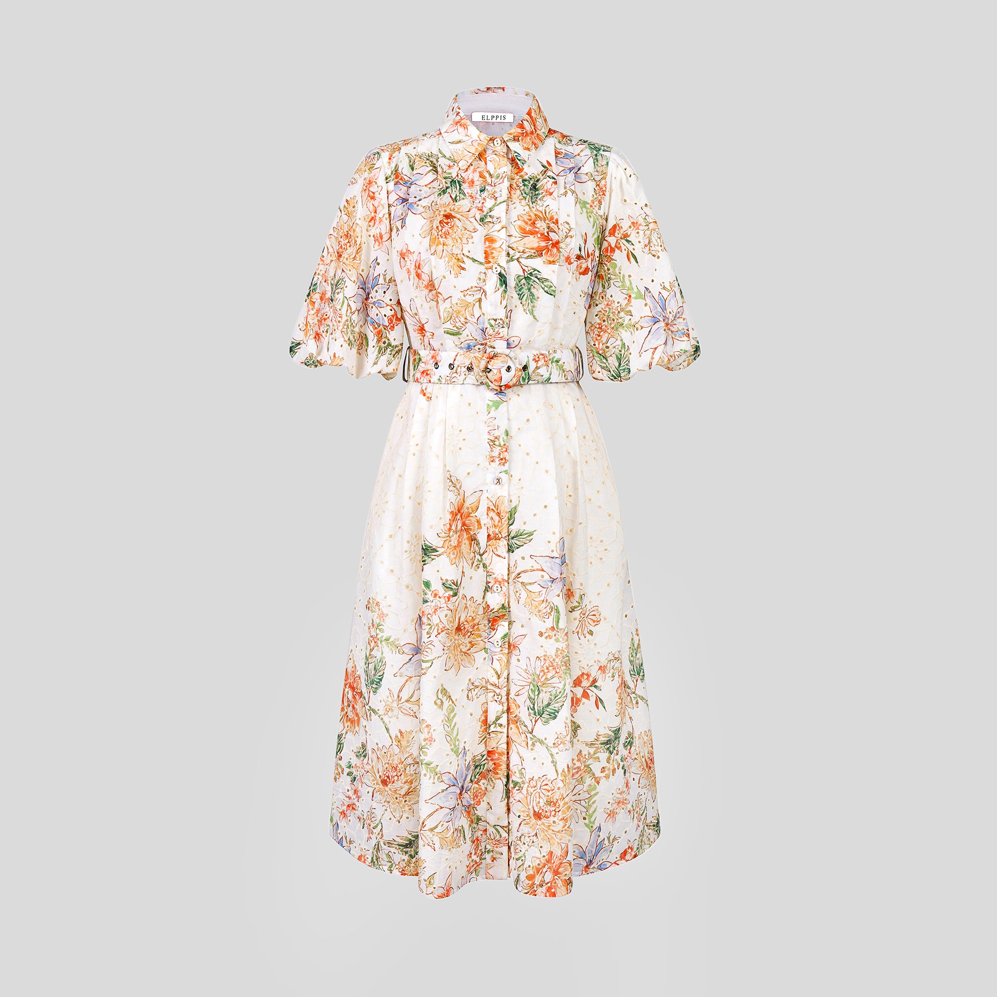 BA1019-Floral Print Belted Midi Dress