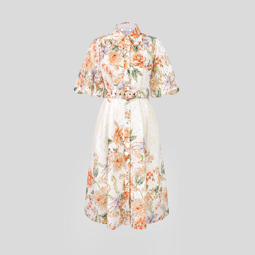 BA1019-Floral Print Belted Midi Dress