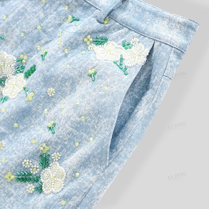 WZUA1465 Beaded Denim Blazer and Shorts Set