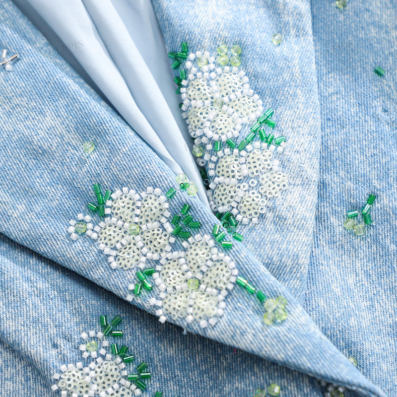 WZUA1465 Beaded Denim Blazer and Shorts Set