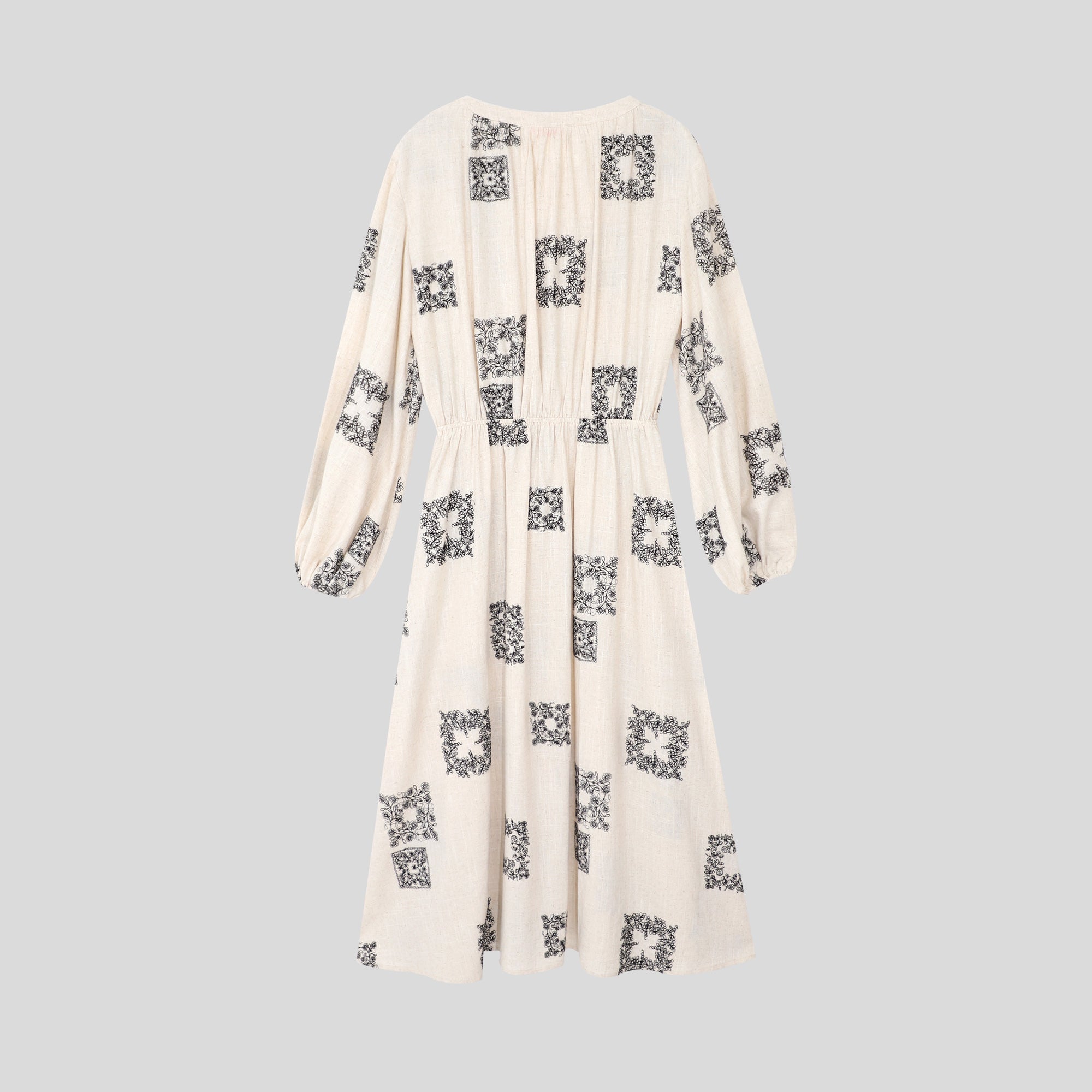 BA1047-Embroidered Boho Peasant Midi Dress