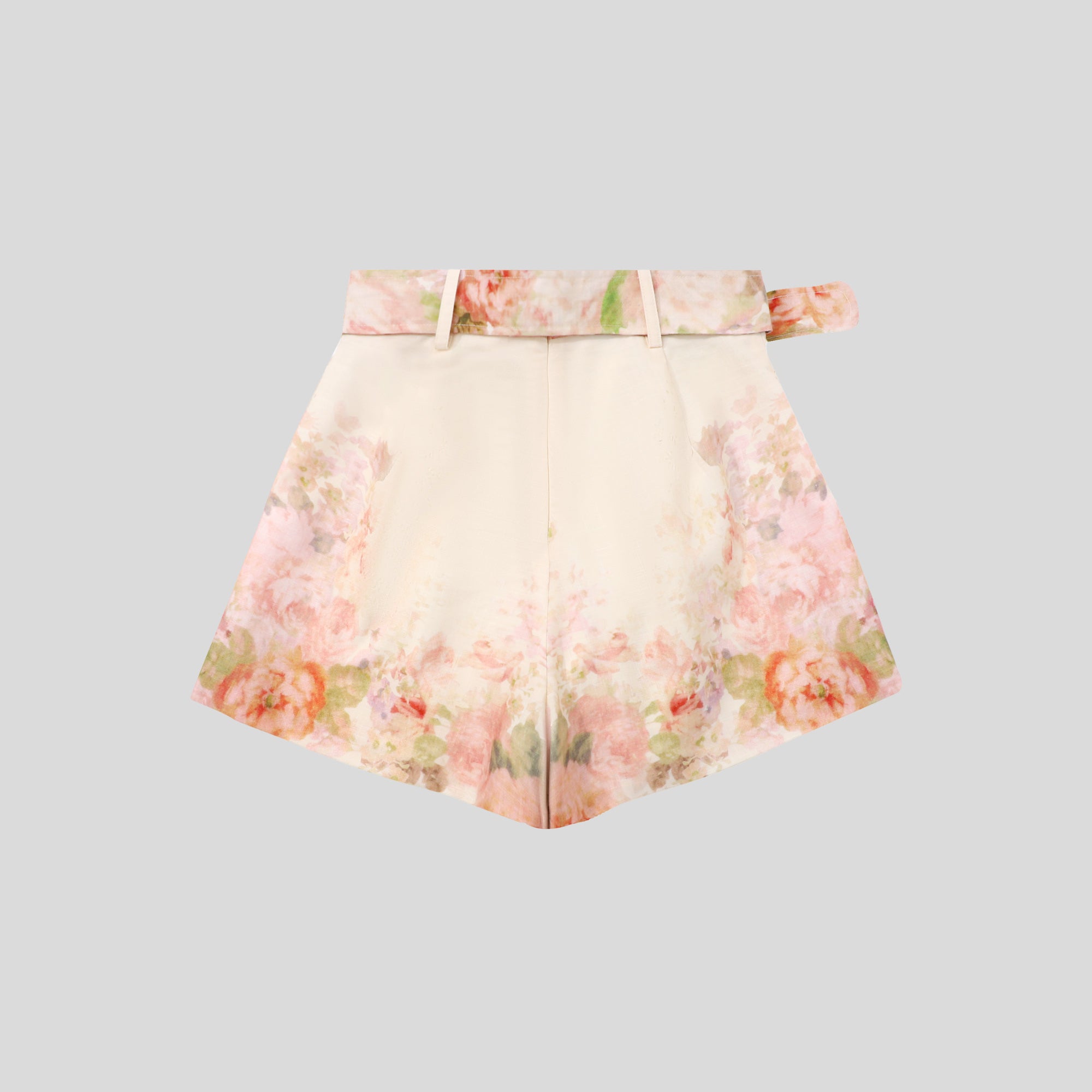 WZUA1079-P High-Waisted Floral Belted Shorts