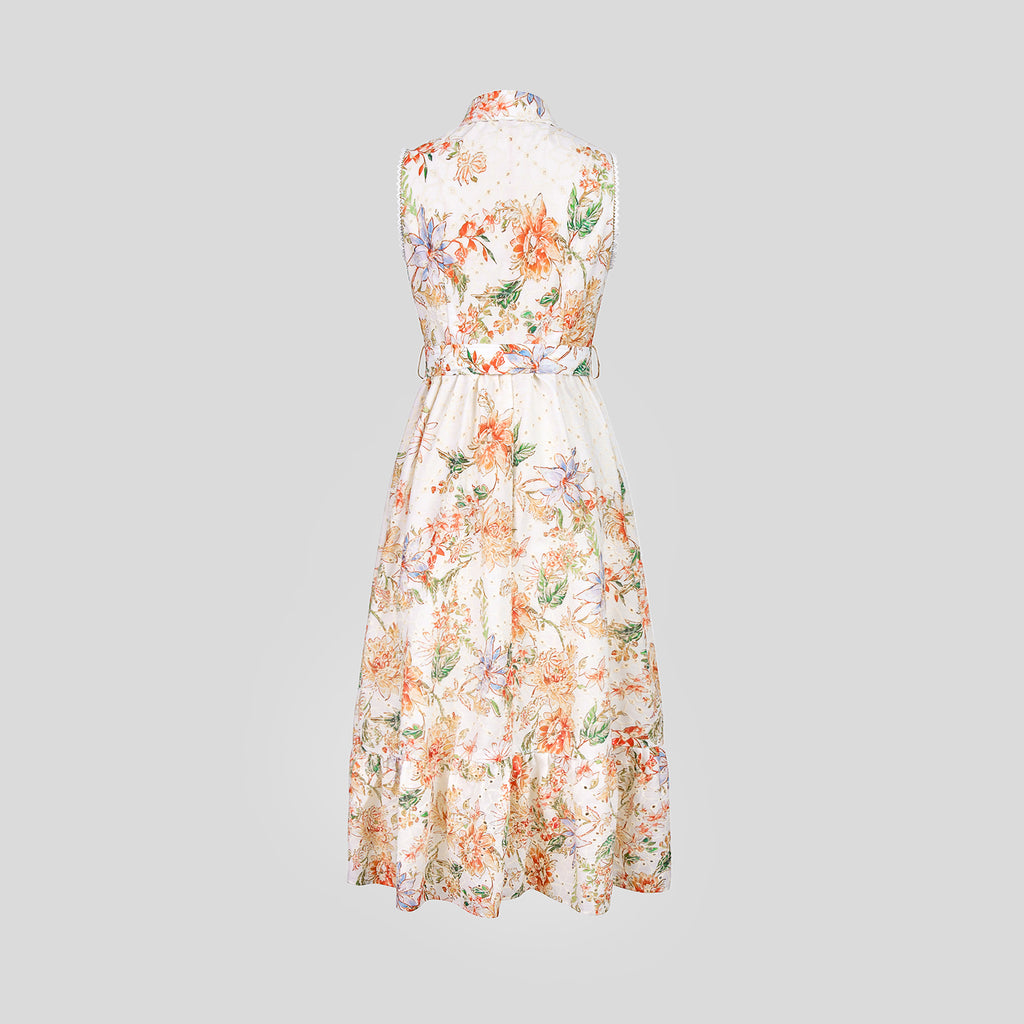 BA1018-Sleeveless Floral Print Belted Midi Dress