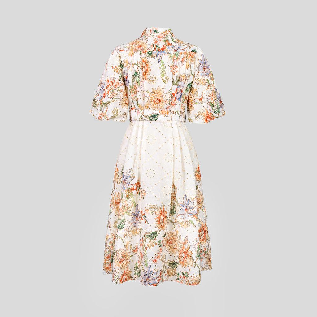 BA1019-Floral Print Belted Midi Dress