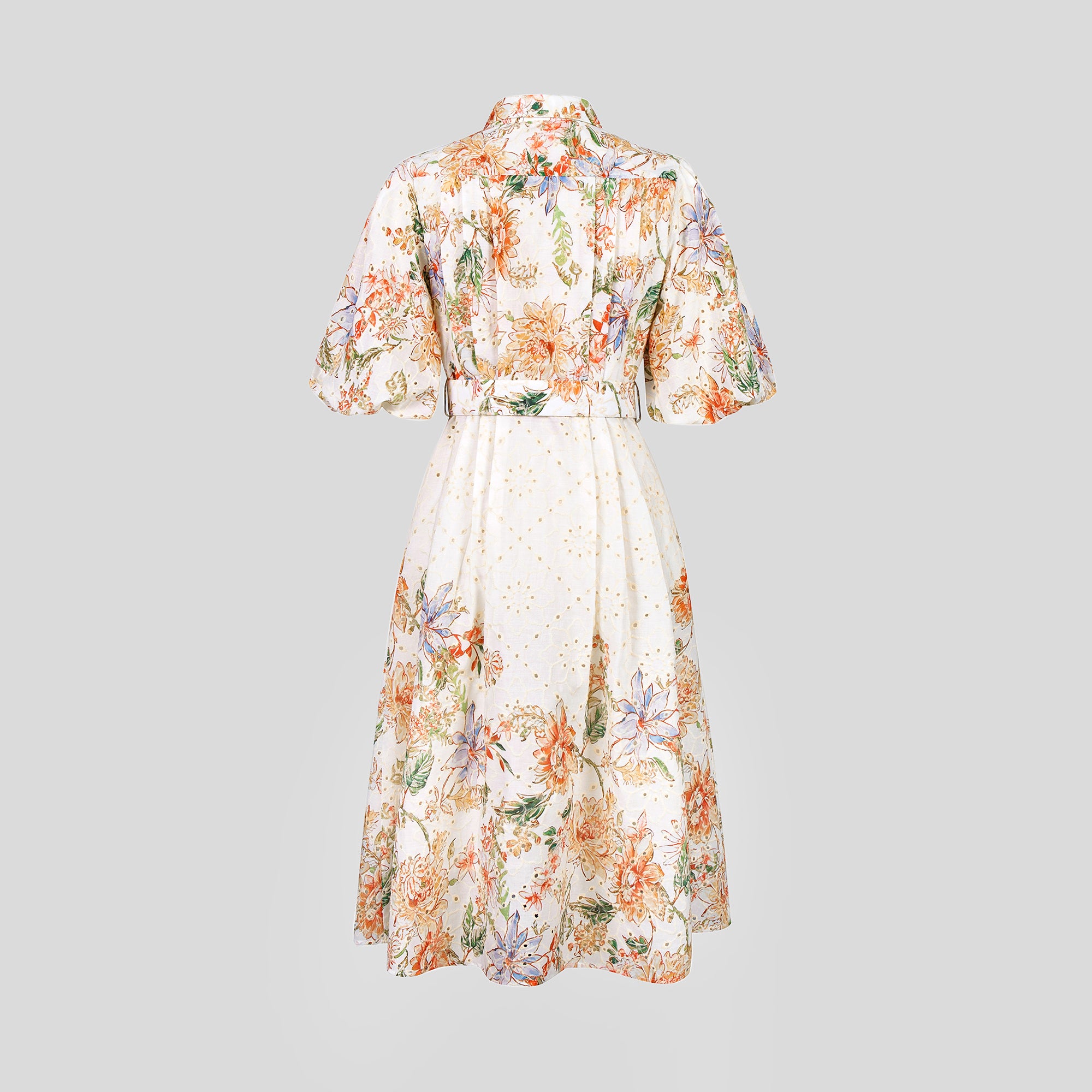 BA1019-Floral Print Belted Midi Dress