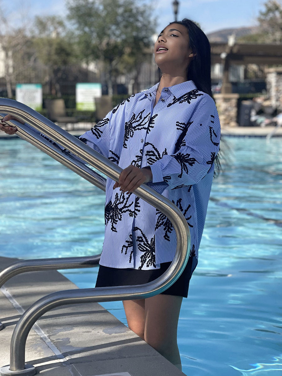 WZTA1103-Oversized Striped Long Shirt