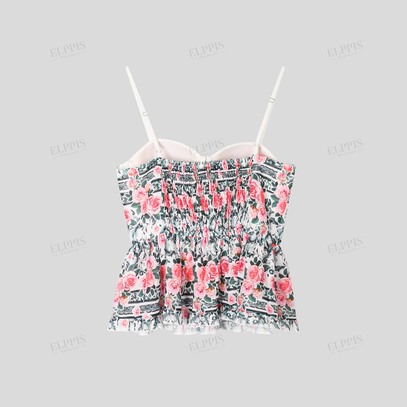 WZTA1141 Rose Prints Ruffle Camisole Top