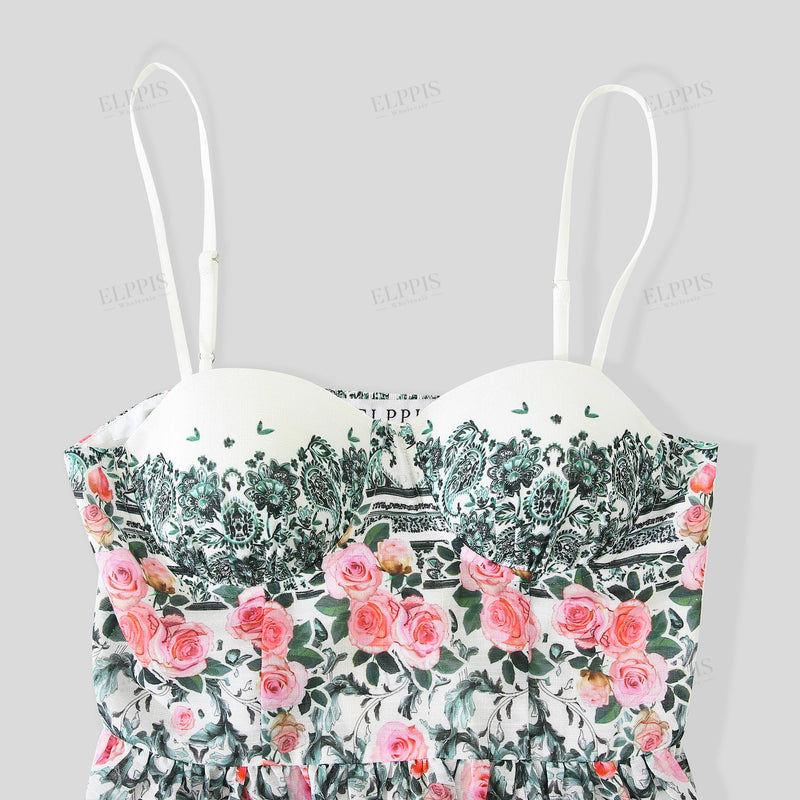 WZTA1141 Rose Prints Ruffle Camisole Top